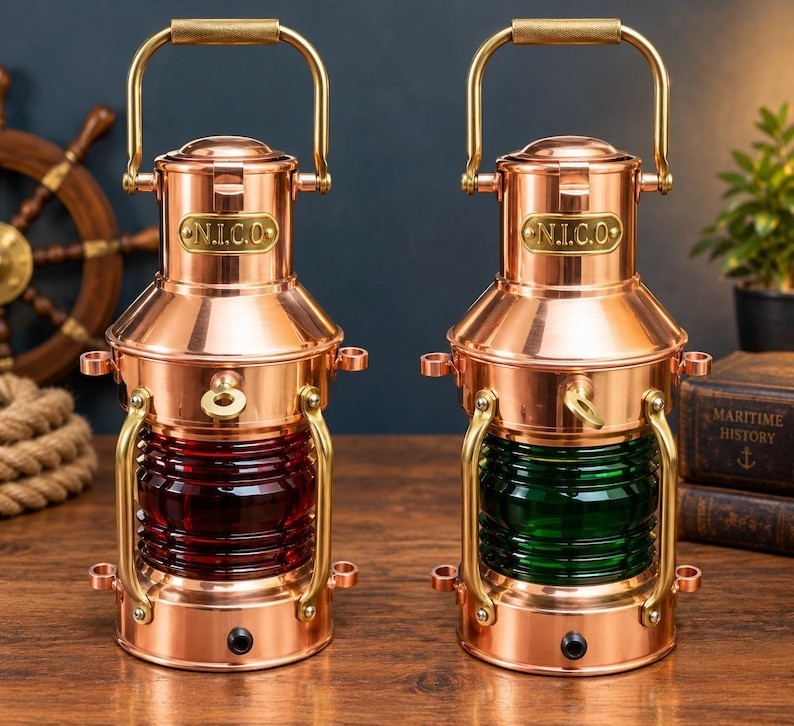 Set of 2 Nautical Copper Lanterns, Red Green Glass Lens Ship Lights