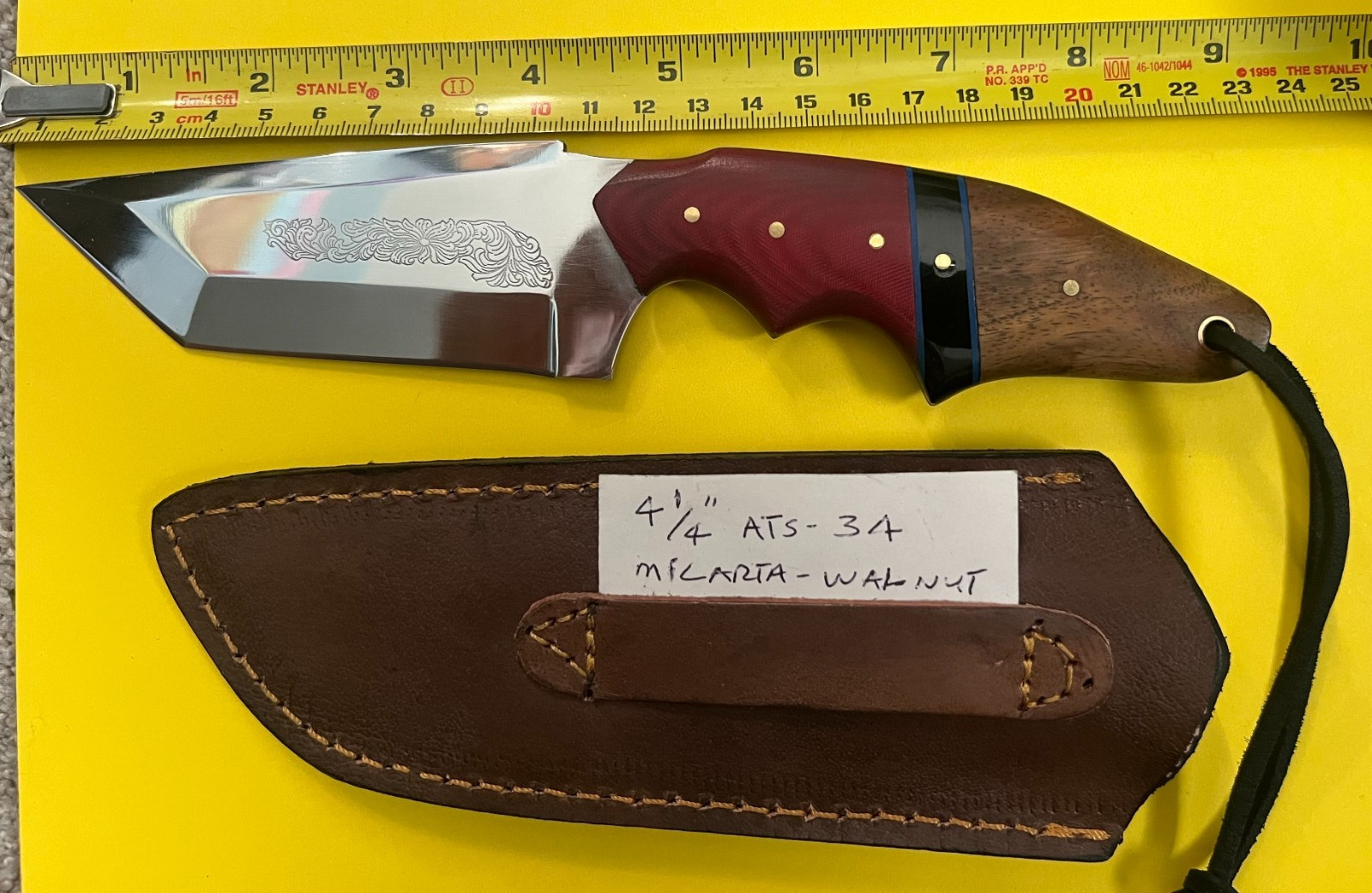 M. Jernigan Knife w/Sheath - 4.25inch Blade 9.25in overall Micarta-Walnut ATS-34 M. Jernigan Knife w/Sheath - 4.25inch Blade 9.25in overall Micarta-Walnut ATS-34