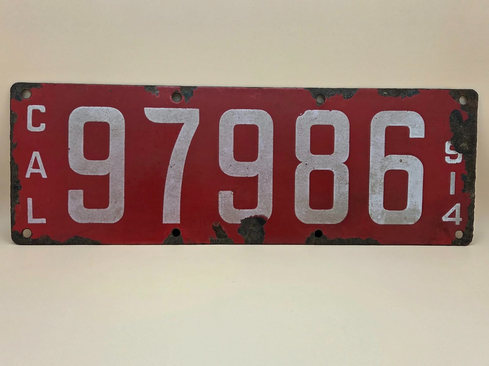 Rare 1914 California Porcelain Enamel l license Plate 97986 First Year Issue