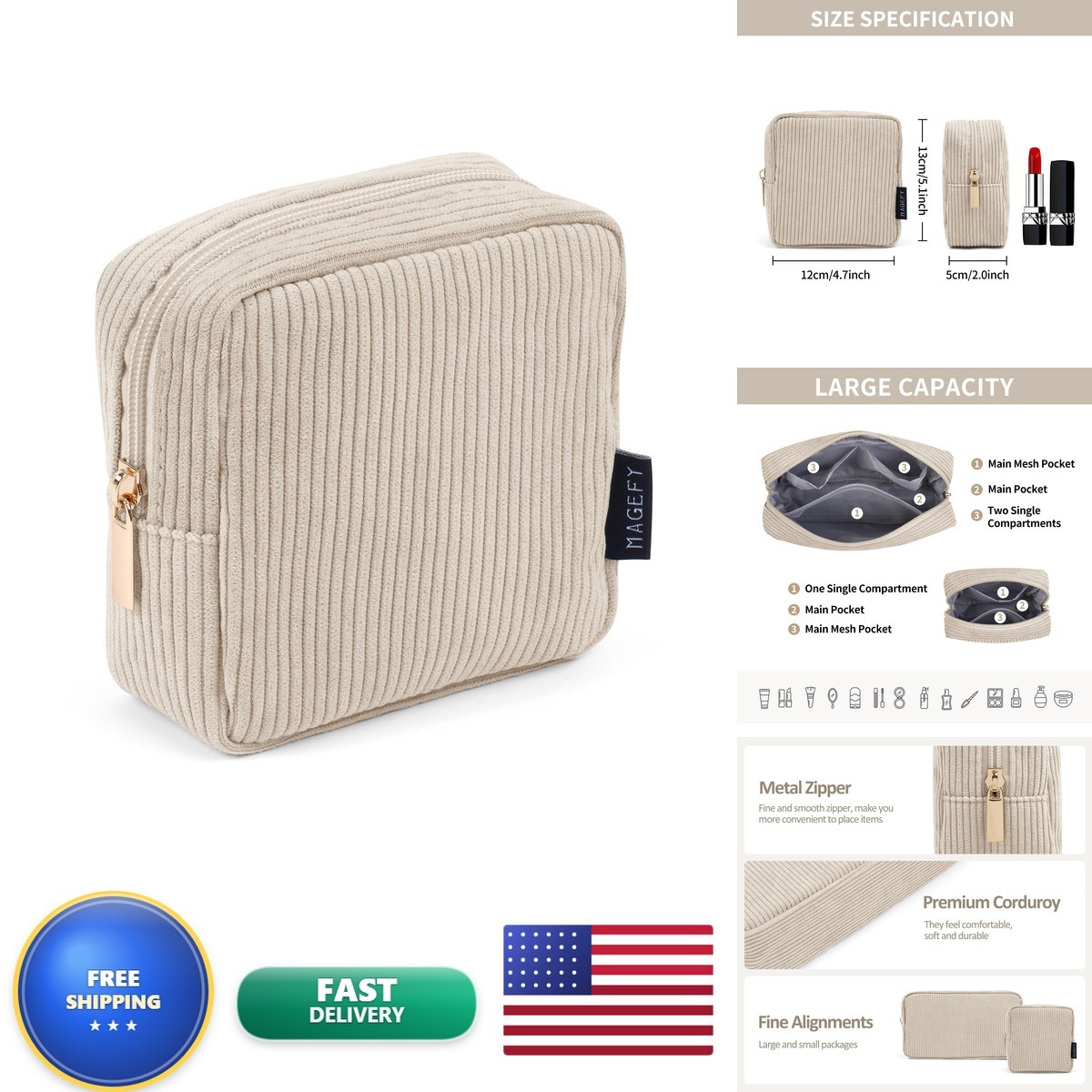 MAGEFY Small Makeup Bag Corduroy Cosmetic Pouch Beige MAGEFY Small Makeup Bag Corduroy Cosmetic Pouch Beige