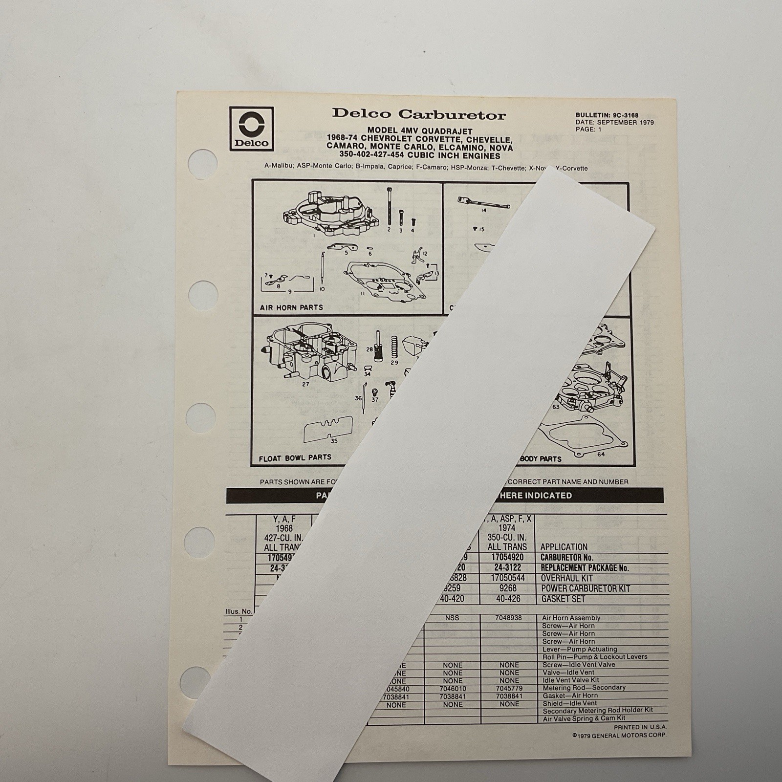 Delco Carburetor 1979 Parts Bulletin 4 MV Quadrajet 1968-74 Chevy 9c-3168