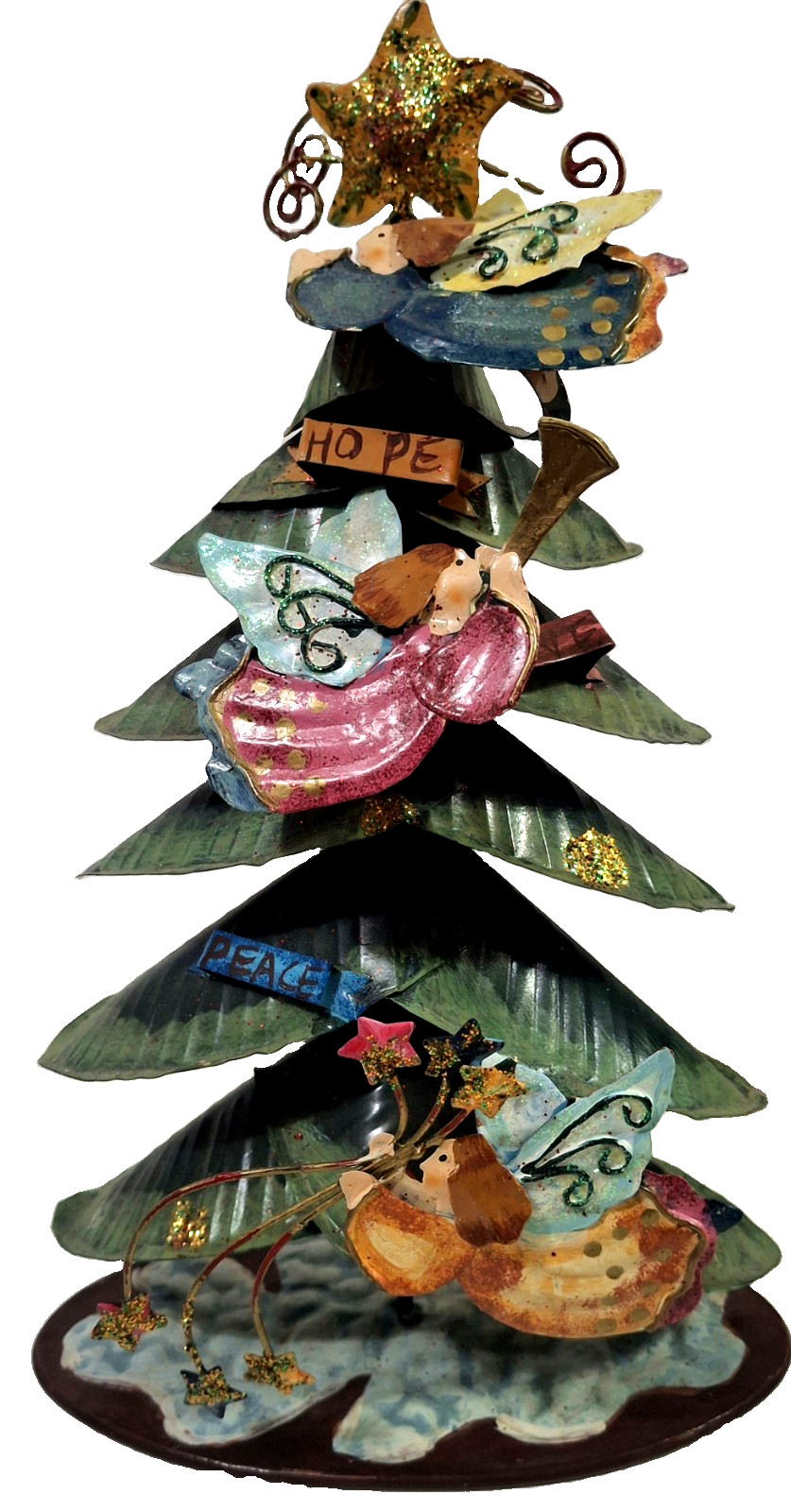 VTG Three Hand Corp Metal Christmas Tree Angels Folk Art Tabletop Decor 12 VTG Three Hand Corp Metal Christmas Tree Angels Folk Art Tabletop Decor 12