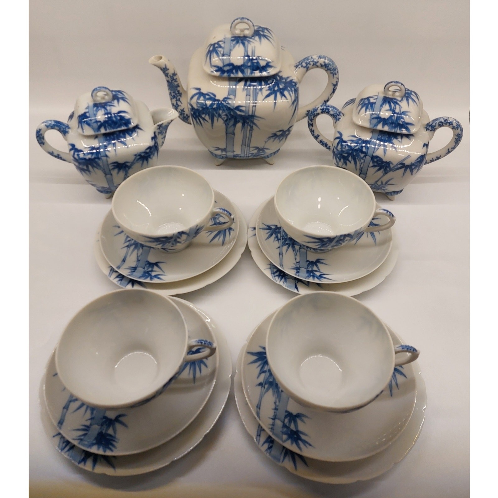 Antique Japanese Meiji Porcelain Tea Set 15pc Signed Dai Nippon Mino Kato Bamboo