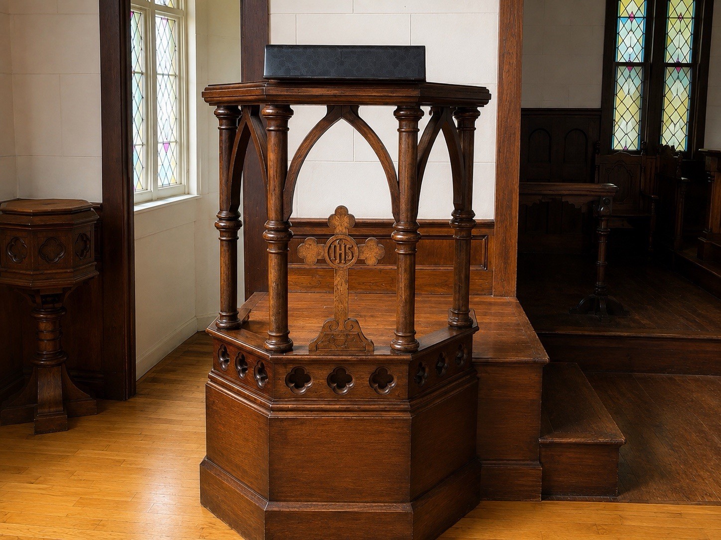 Antique Gothic Revival Solid Oak Church Pulpit Architectural Salvage Platform