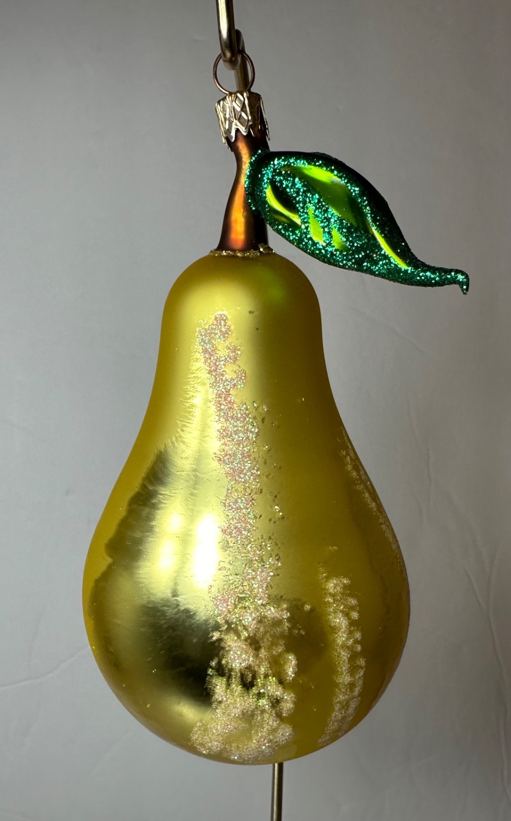 Vtg Jumbo Pear Annealed Leaf Glass Christmas Ornament - Yellow - John Derian