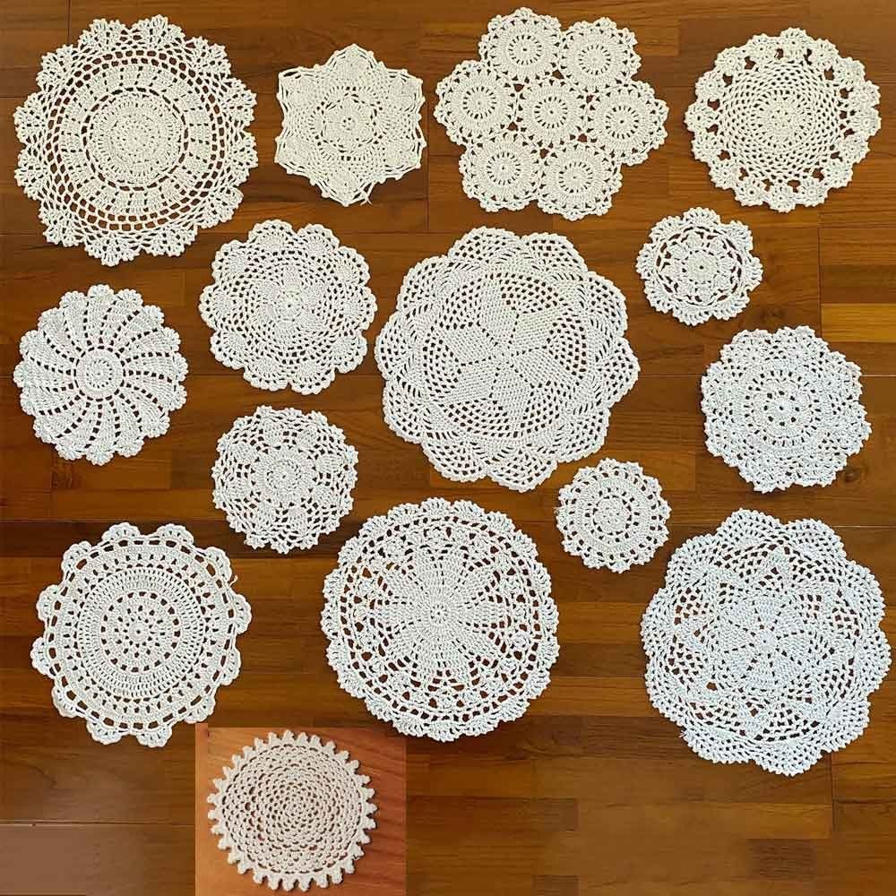 15Pcs/Lot 4.7-12in Vintage Hand Crochet Lace Doilies Flower Placemats Coasters