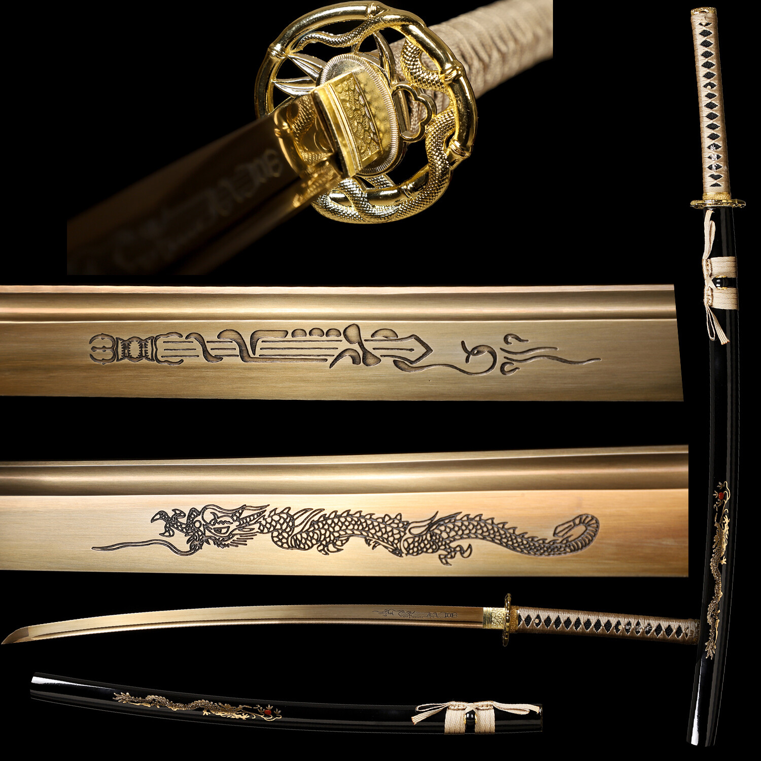 Handmade Gold Blade Japanese Samurai Sword Dragon Katana Full Tang Sharp