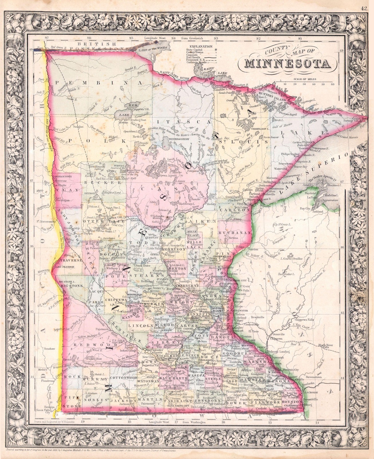 Minnesota County Map 1862 Mitchell\'s Atlas Vintage Historical Reprint Wall Art Minnesota County Map 1862 Mitchell\'s Atlas Vintage Historical Reprint Wall Art
