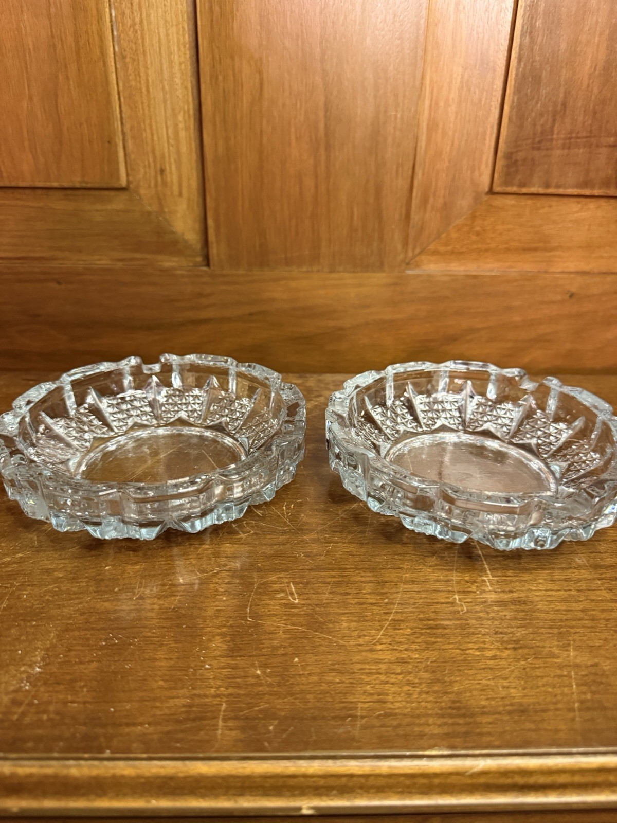 Lot of 2 Vintage Heavy Cut Crystal Ash Tray MCM Era