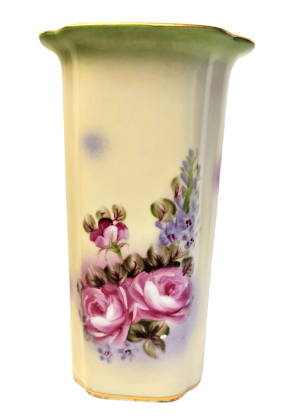 Beautiful 8” VTG Hand Painted Pink Roses Flowers Square Porcelain Vase Gold Rim Beautiful 8” VTG Hand Painted Pink Roses Flowers Square Porcelain Vase Gold Rim