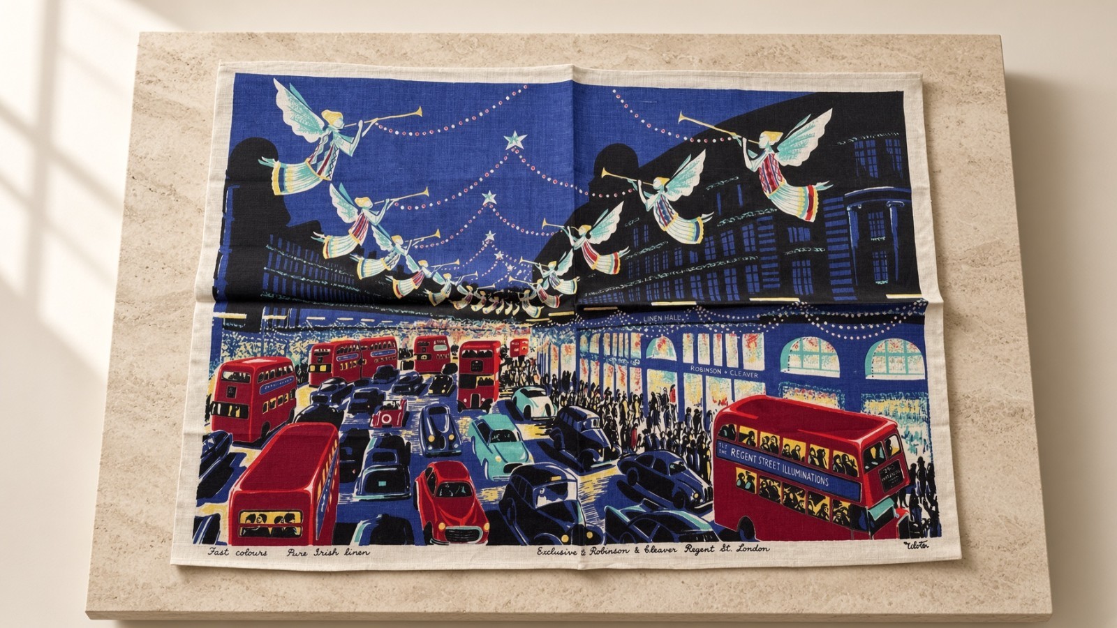 Vintage Irish Linen Christmas Tea Towel Regent St London Robinson & Cleaver