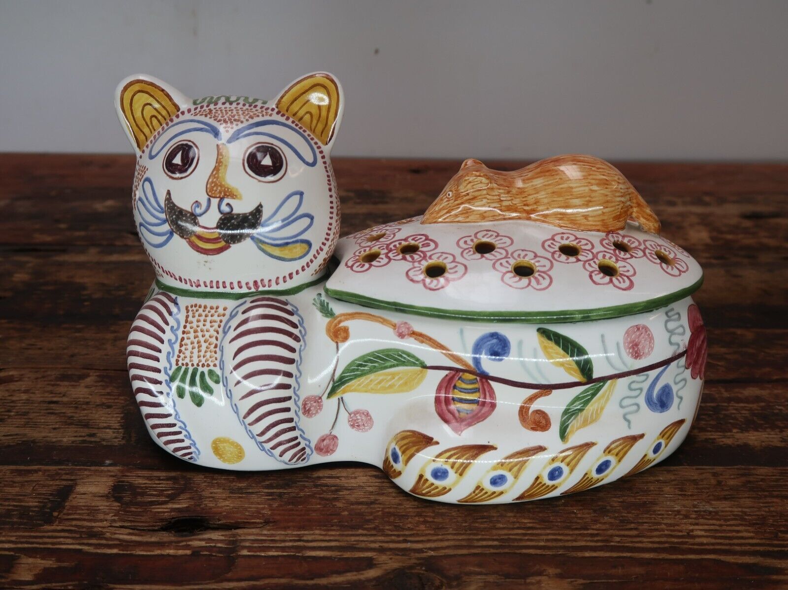 Majolica Cat and Mouse Cookie Jar Portugal Lidded Hand Painted