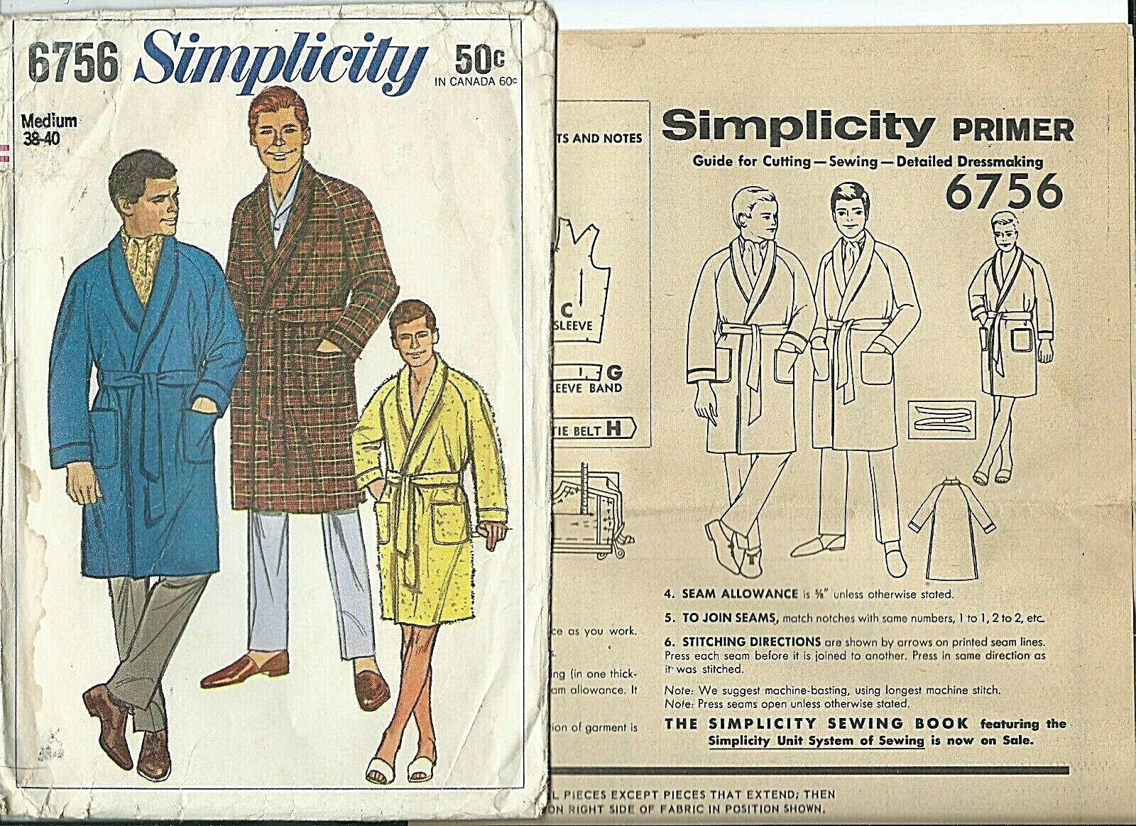 S 6756 sewing pattern 60\'s classy ROBE & BELT sew Shawl Collar size Medium 38-40