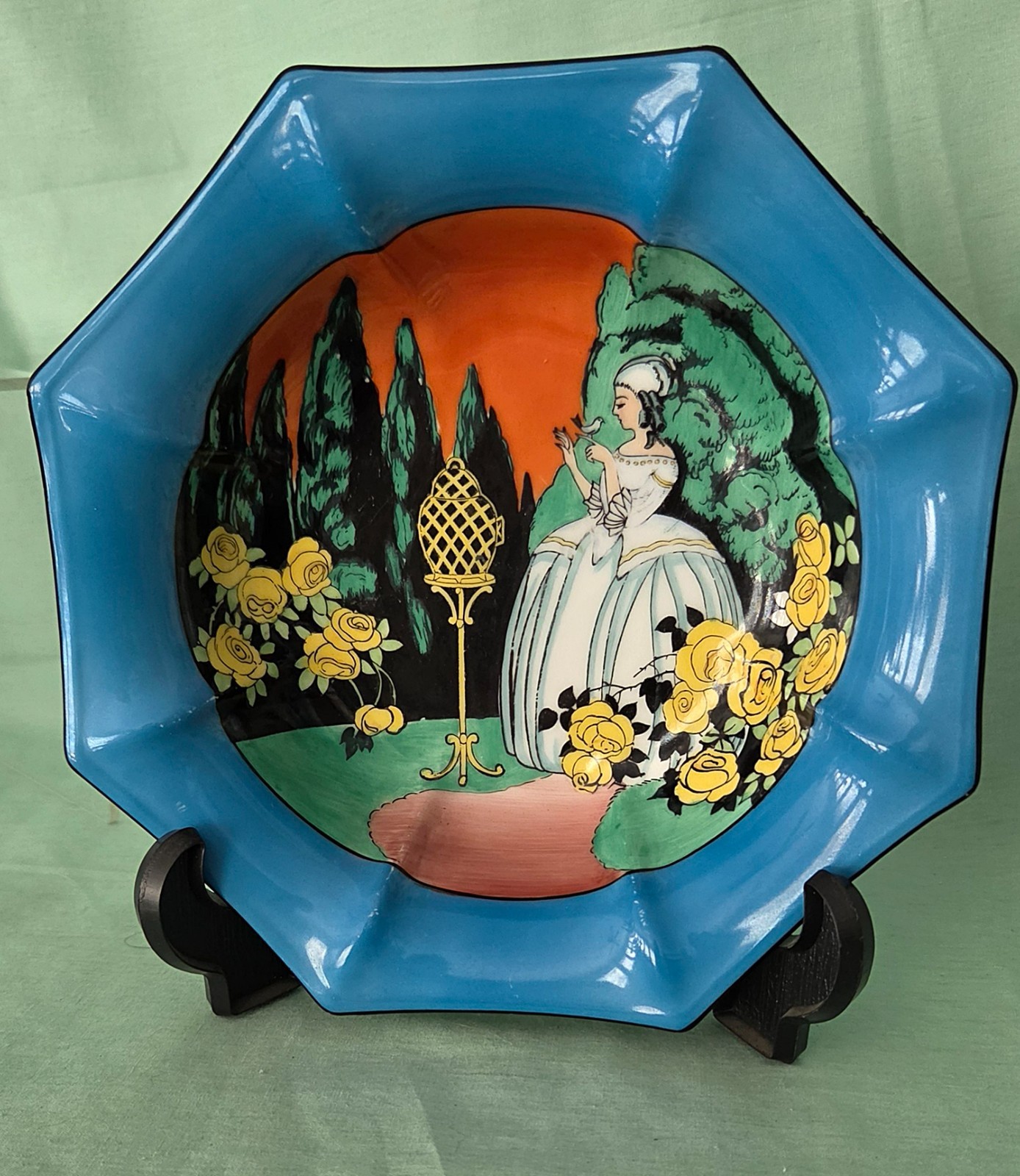 Noritake Art Deco Octagonal Bowl Southern Belle Crinoline Lady Birdcage Garden