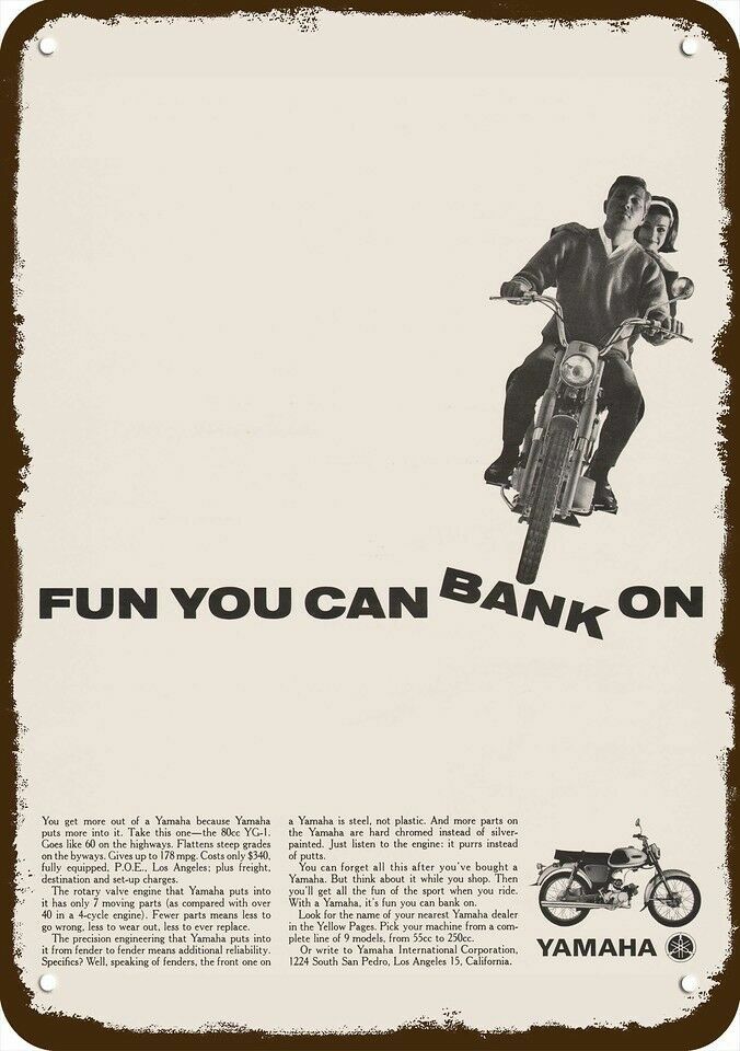 1964 YAMAHA YG-1 MOTORCYCLE Vintage Look DECORATIVE METAL SIGN FUN YOU CAN BANK 1964 YAMAHA YG-1 MOTORCYCLE Vintage Look DECORATIVE METAL SIGN FUN YOU CAN BANK