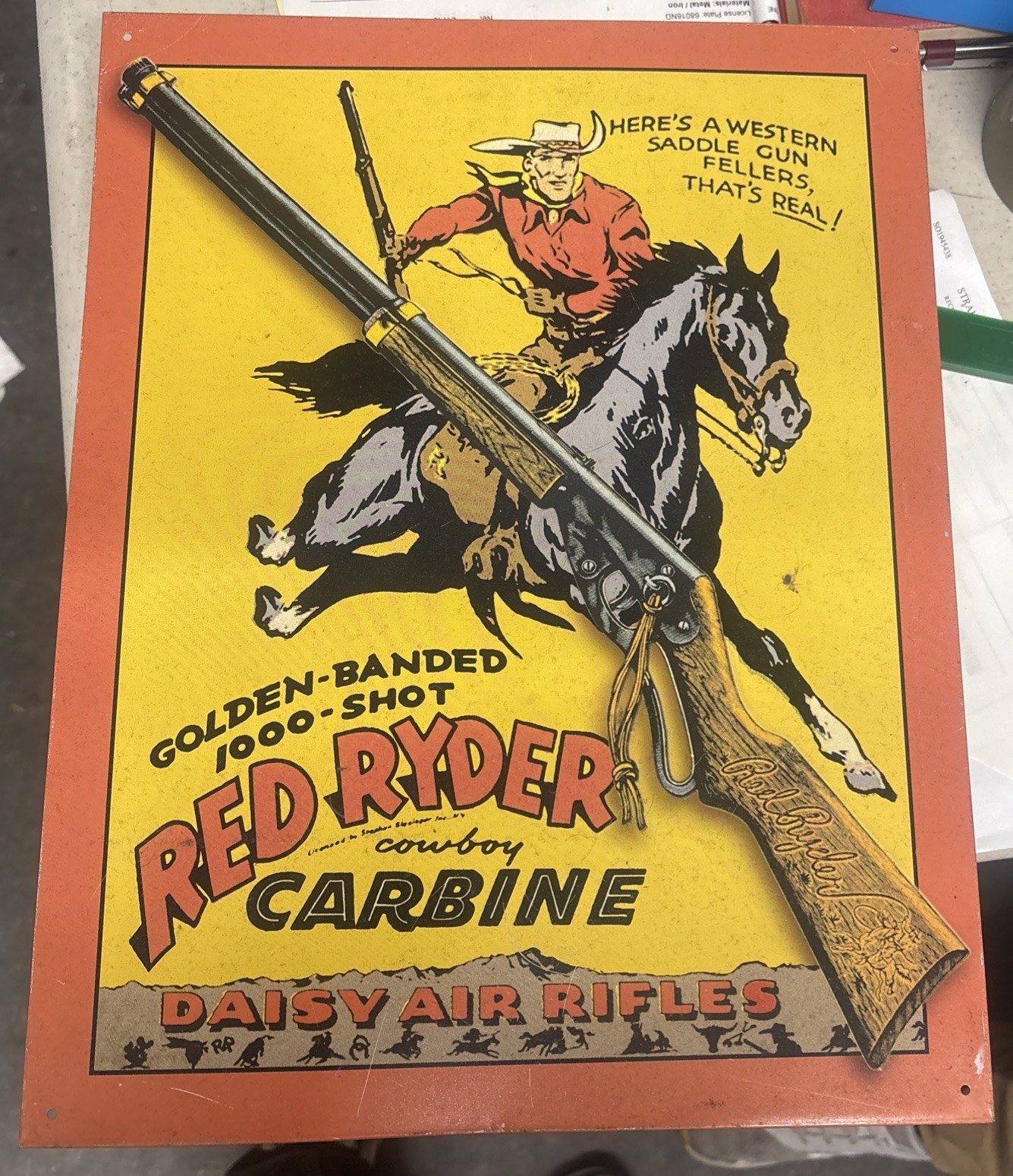 VINTAGE 12x16 in DAISY AIR RIFLE COWBOY RED RIDER ADV SIGN TIN METAL. 