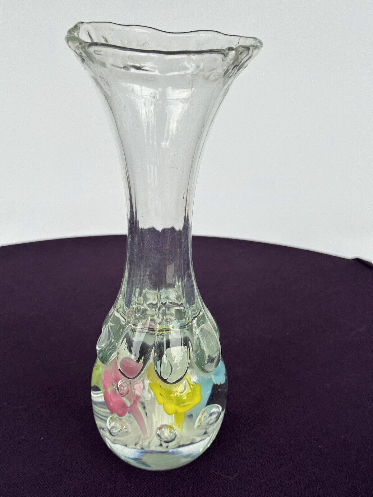 Bud Vase Art Glass Floral Handblown Bubble Paperweight 6” Joe Rice Pastel Flower