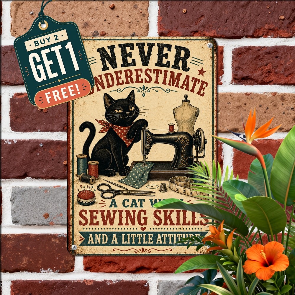 Never Underestimate Cat Quote Metal Sign Vintage Wall Decor Plaque 8x12