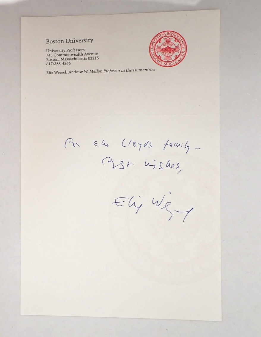 Elie Wiesel Signed Inscribed Note Boston University Letterhead Autograph Nobel Elie Wiesel Signed Inscribed Note Boston University Letterhead Autograph Nobel