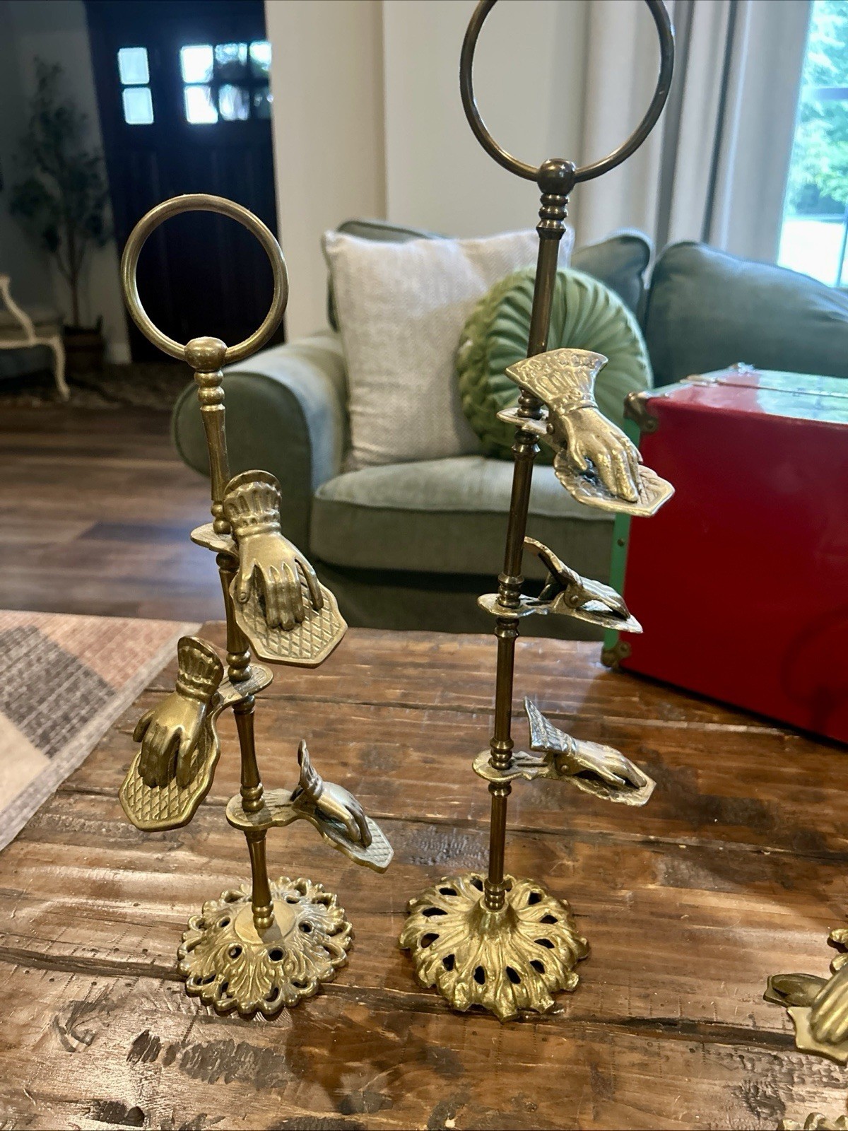 TWO VTG Brass Hand Clip Stand…Glove, Letter, Picture Holder 15” & 18” TWO VTG Brass Hand Clip Stand…Glove, Letter, Picture Holder 15” & 18”