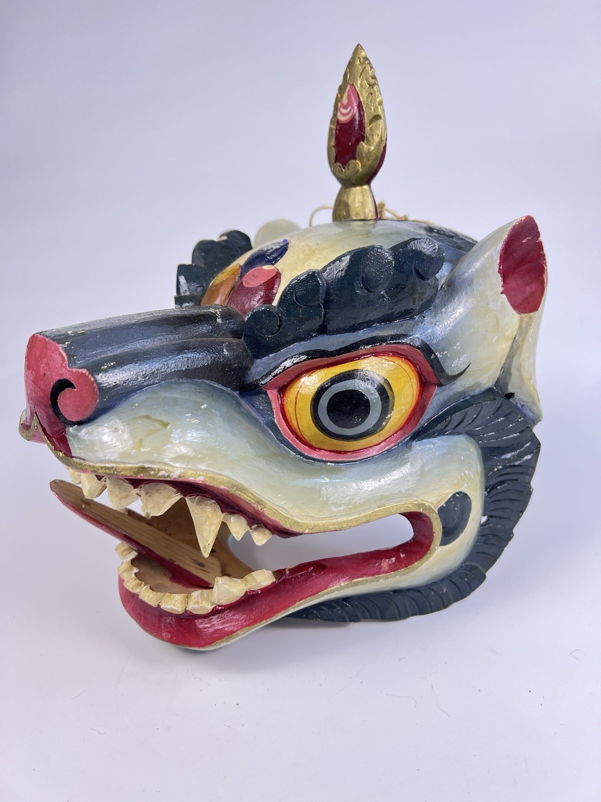 Vintage Bhutan Cham Dance Mask Wood Carved Dragon Wolf Himalayan Folk Art 10