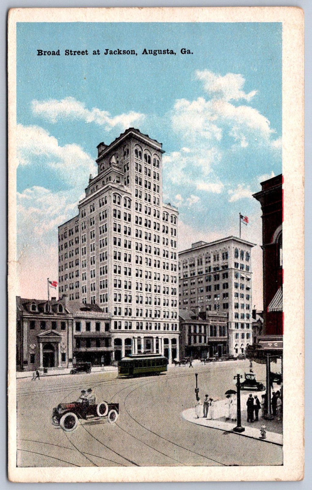 K23/ Augusta Georgia Postcard c1920s Broad Street at Jackson Trolley 127