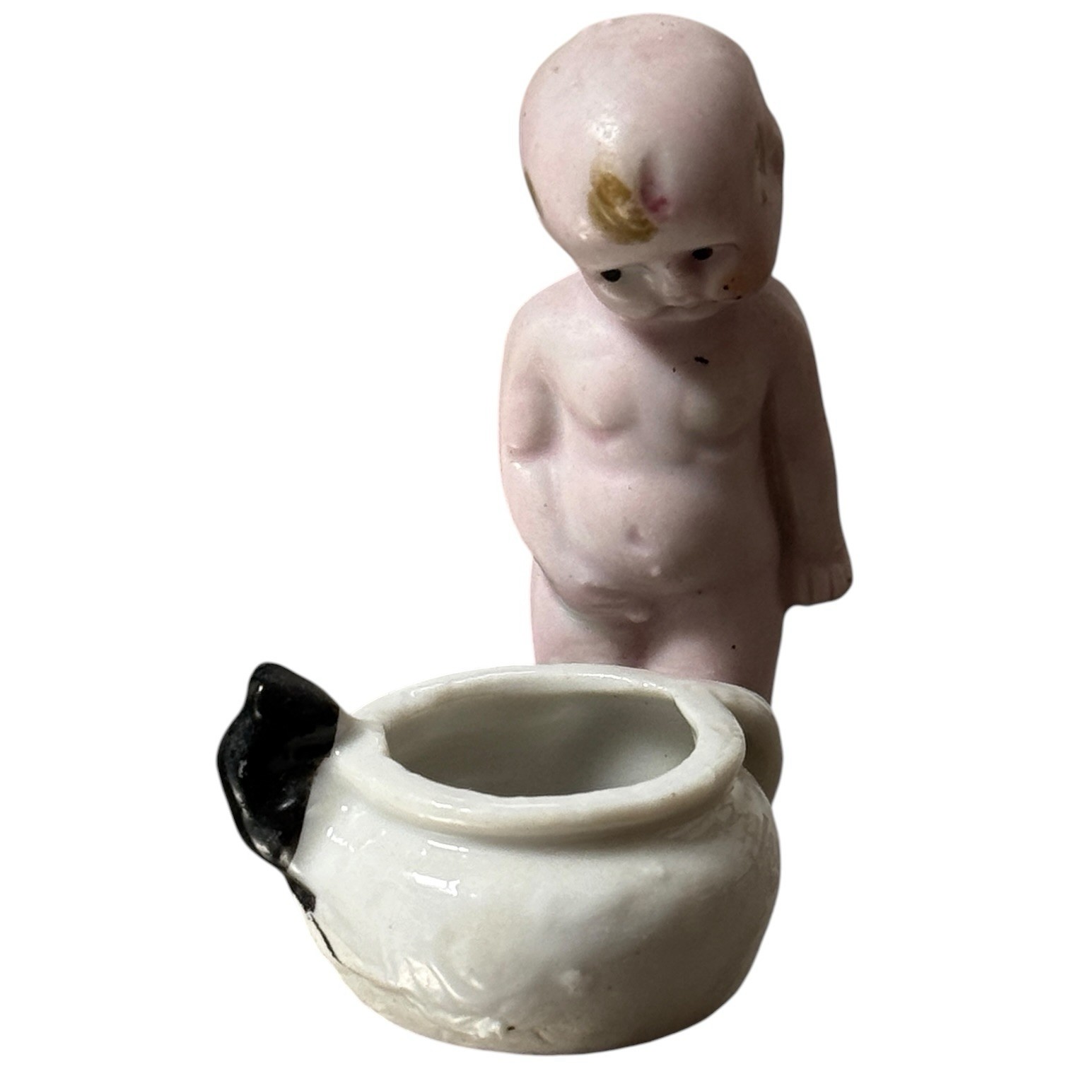 Vintage Occupied Japan Mini Porcelain Bisque Boy With Chamber Pot Mouse Figurine