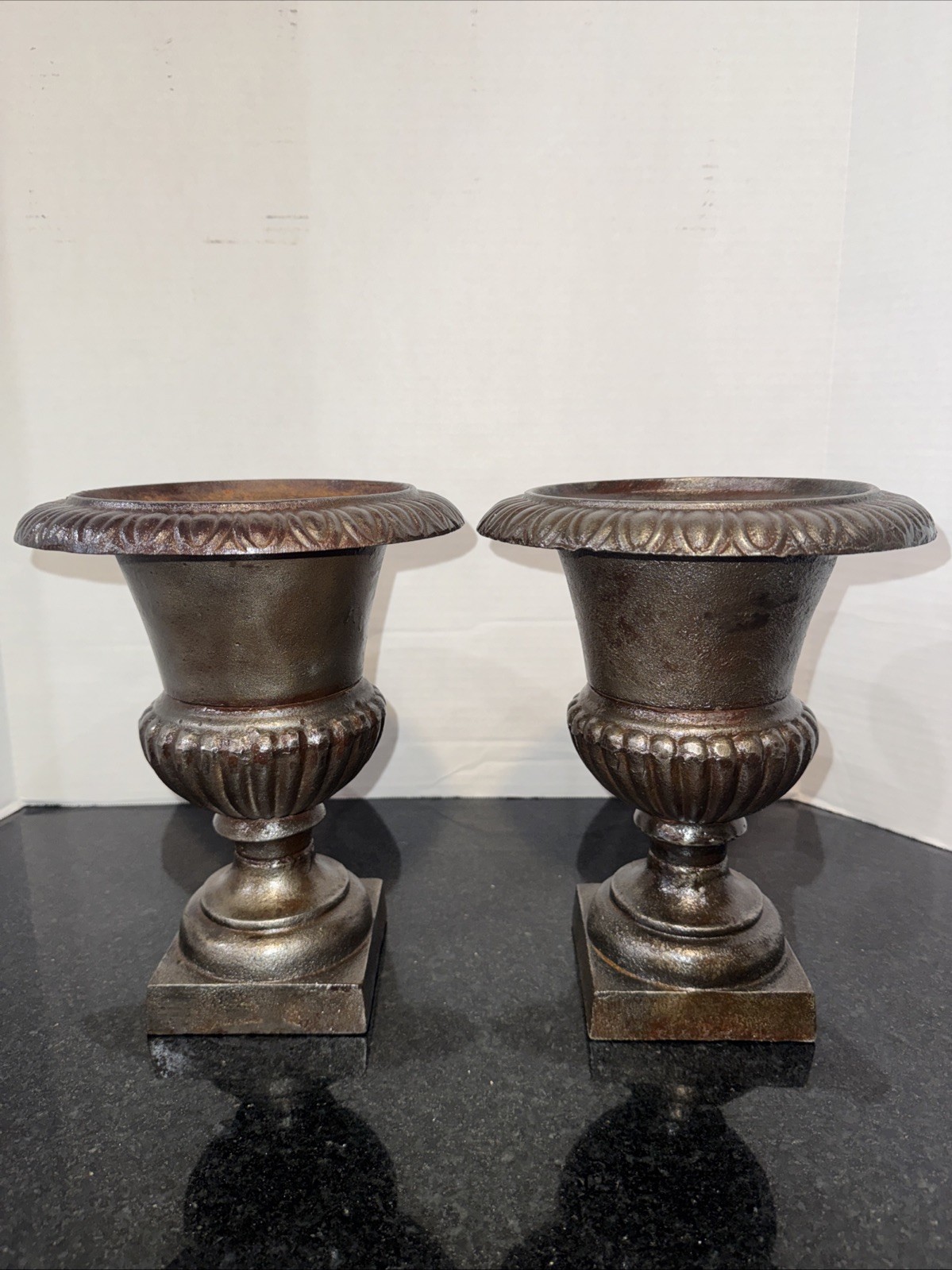 Beautiful Pair Vintage Cast Iron Garden Urn Planters Neoclassical Pedestal 10.5”