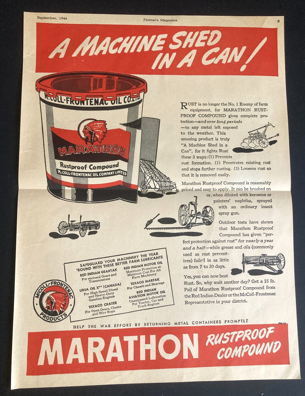 1944 CANADA CANADIAN AD MCCOLL FRONTENAC RED INDIAN CAN RUSTPROOF COMPOUND