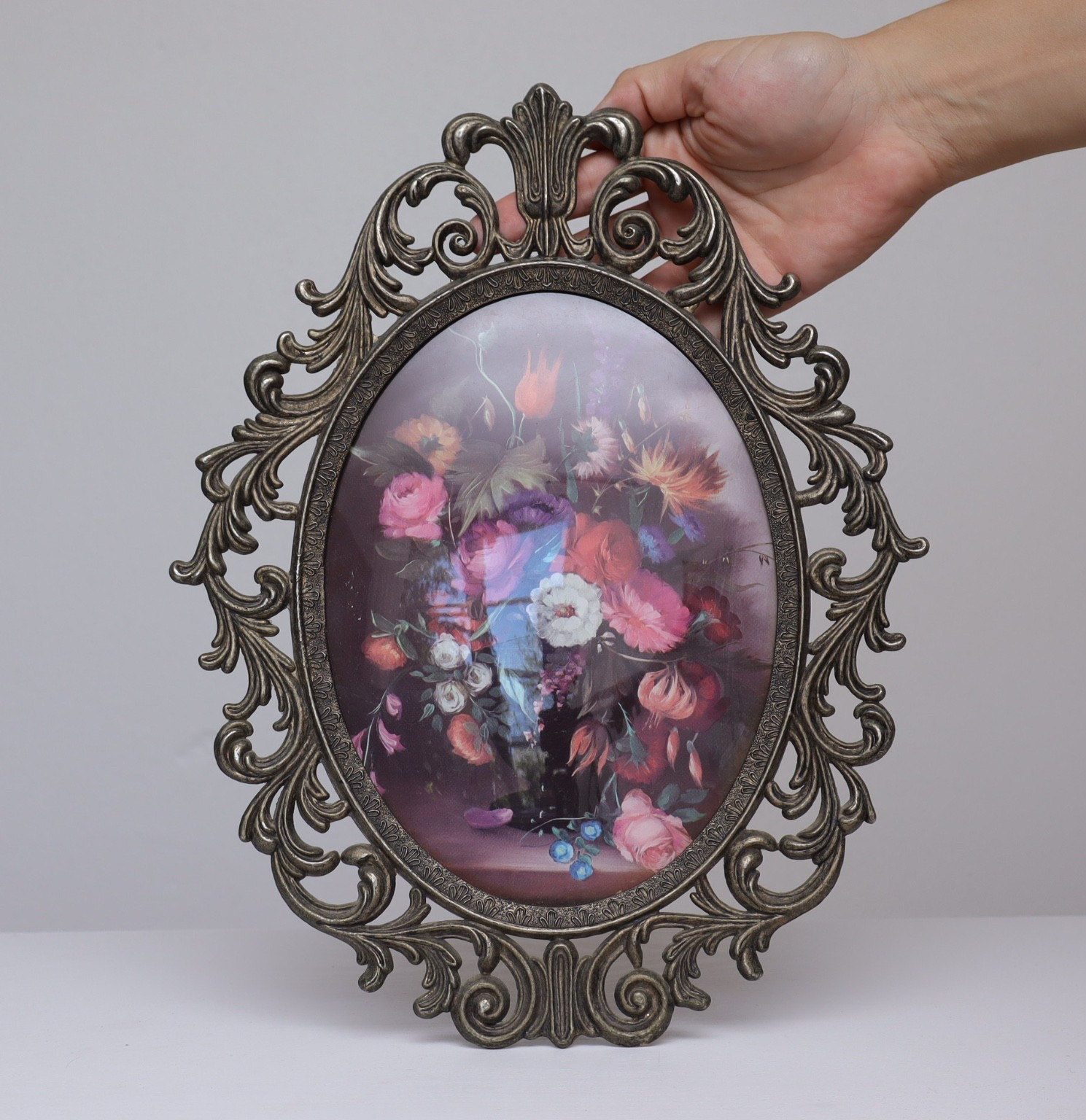 Vintage Oval Ornate Brass Framed Floral Print 13.25\
