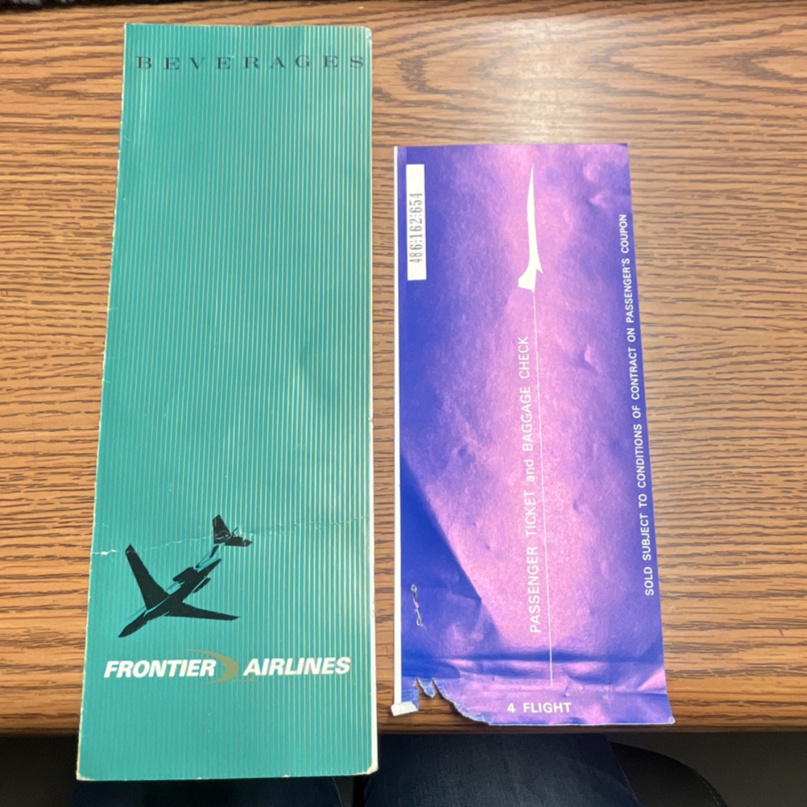 Frontier Airlines Beverage Menu, Passenger Ticket & Baggage Check Collectibles
