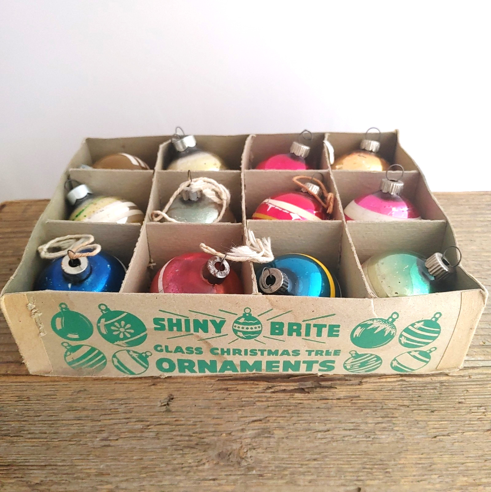 Lot 12 Vtg Box Shiny Brite Made in US of A Striped Christmas Ornaments NO LID
