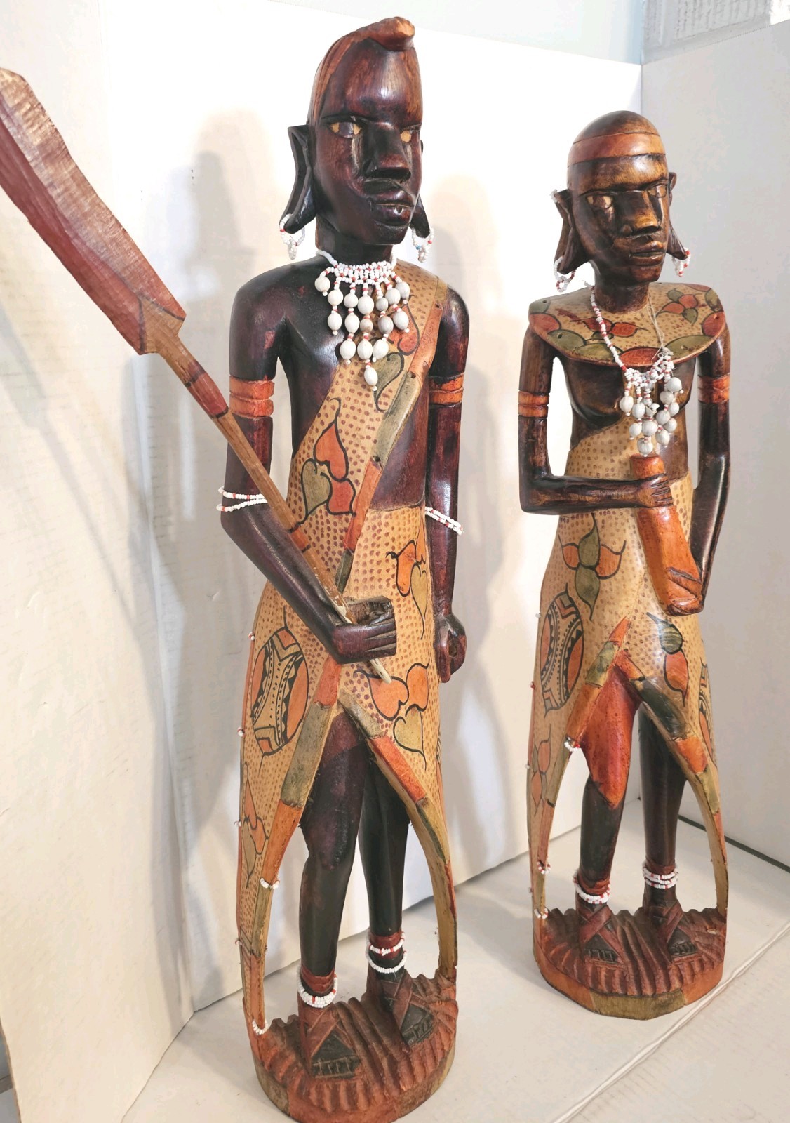 Vintage Carved Wooden Figurines Representing Kenyan Maasai Warriors 2ft. Tall Vintage Carved Wooden Figurines Representing Kenyan Maasai Warriors 2ft. Tall