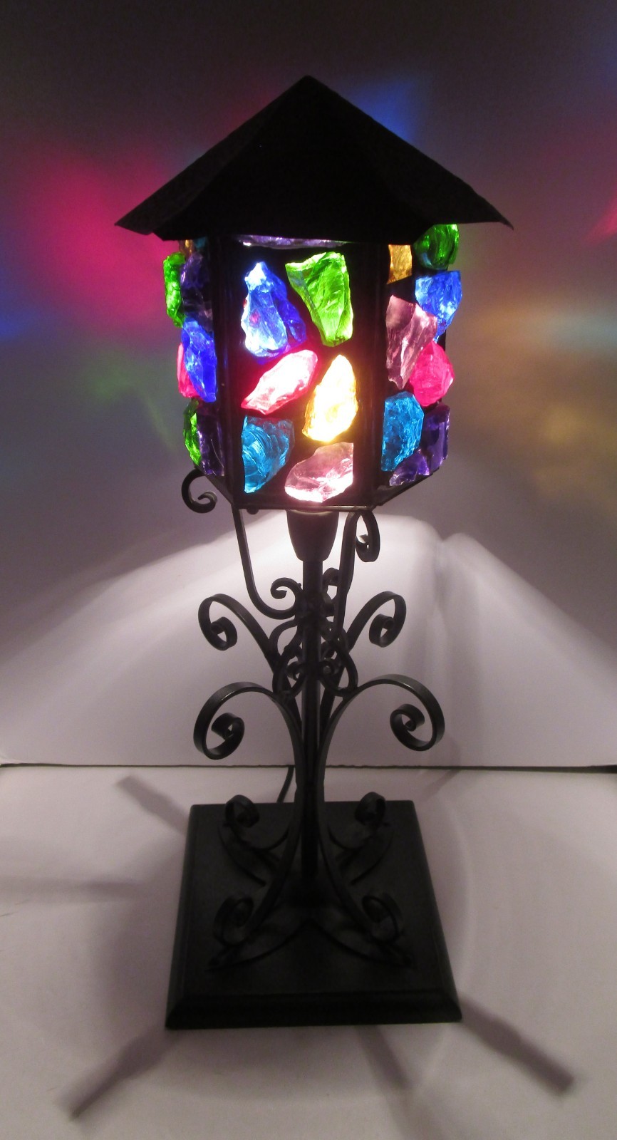 MCM Rare Marked Peter Marsh Chunk Glass Wrought Iron Wood Base Lamp 22 1/2\ MCM Rare Marked Peter Marsh Chunk Glass Wrought Iron Wood Base Lamp 22 1/2\