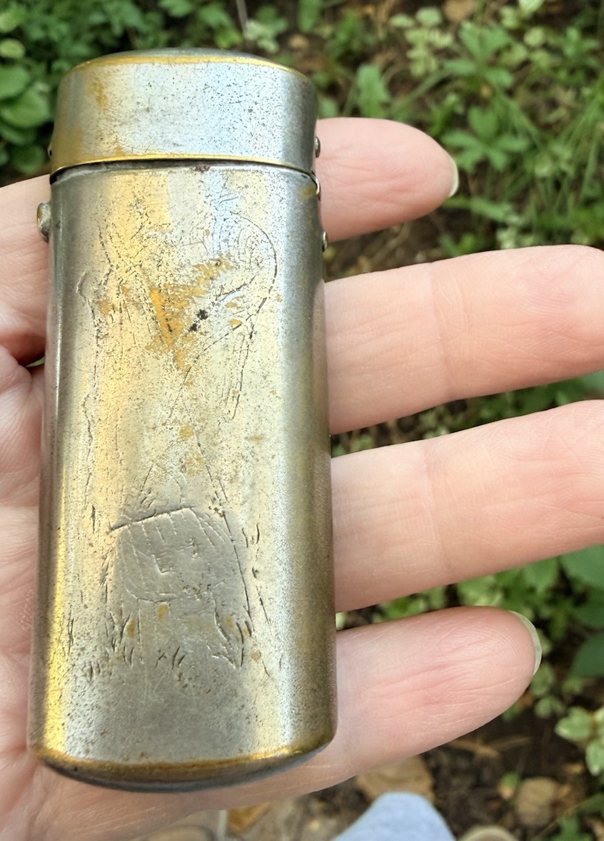 Rare Vintage WW1 Pocket Vest Matchstick Safe w/ Striker and Etched Tree Stump