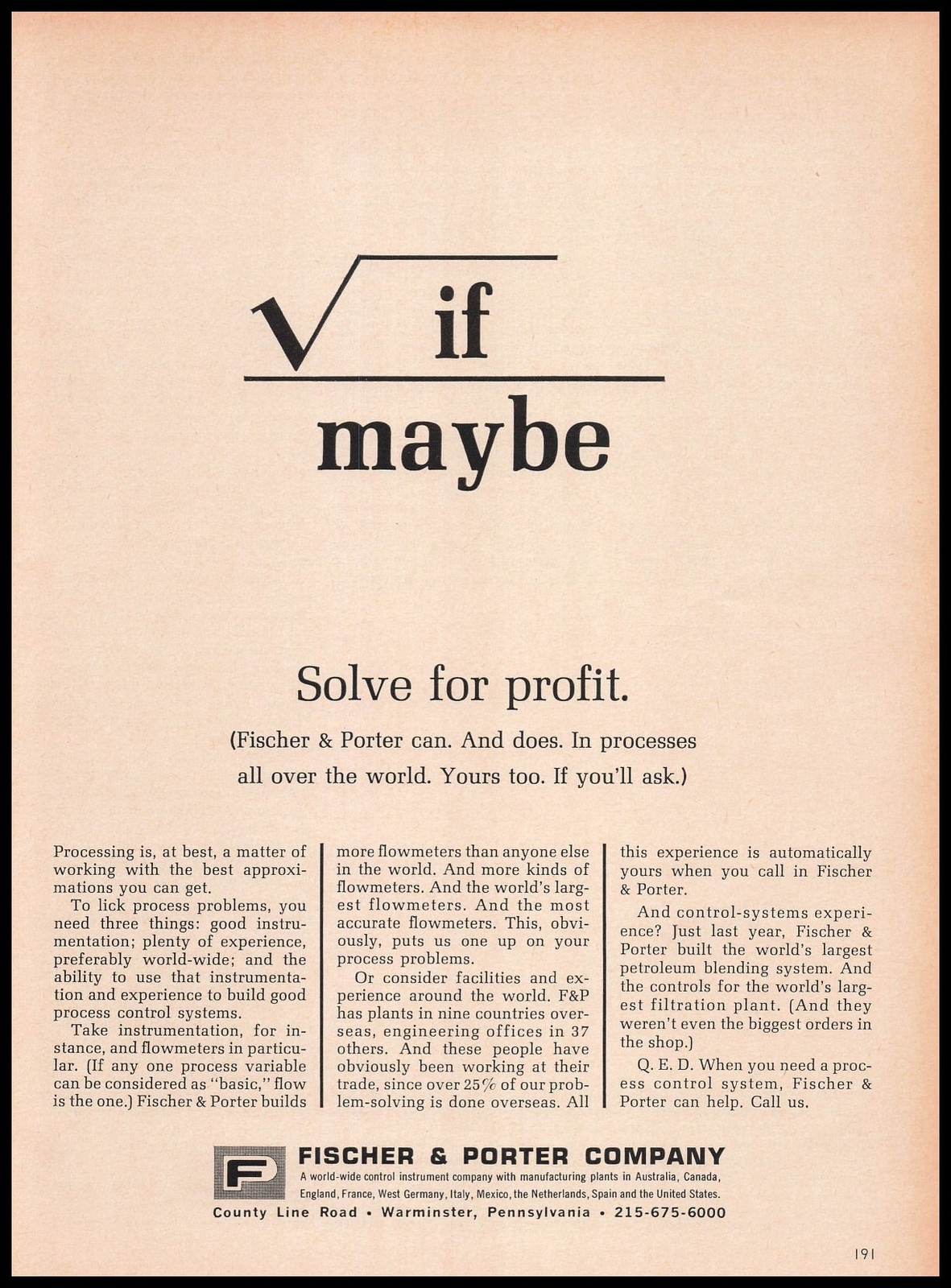 1964 Fischer & Porter Company Warminster Pennsylvania Solve For Profit Print Ad 1964 Fischer & Porter Company Warminster Pennsylvania Solve For Profit Print Ad