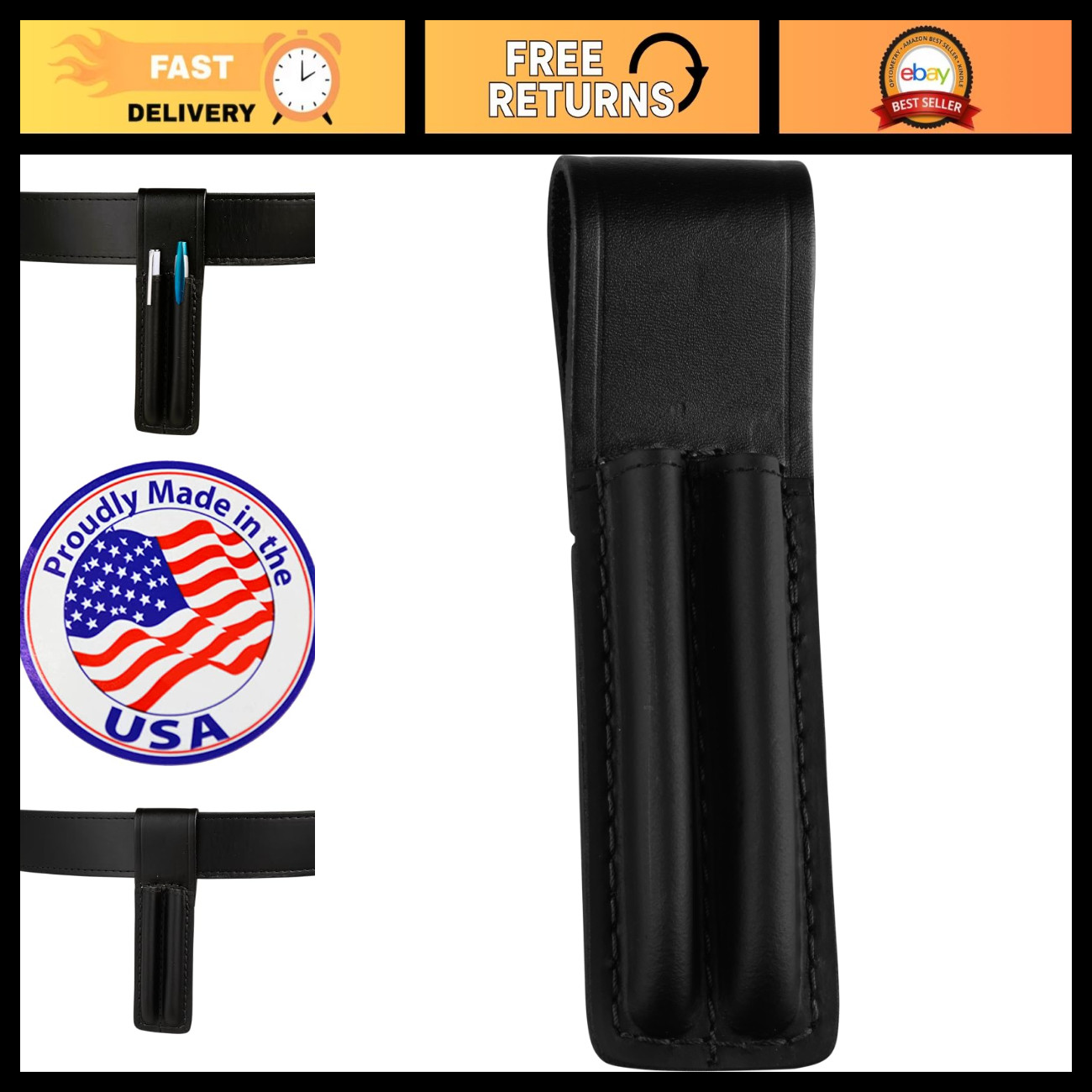 Black Leather Double Pen & Pencil Holder for Belt - Fountain Pen Case, Organizer