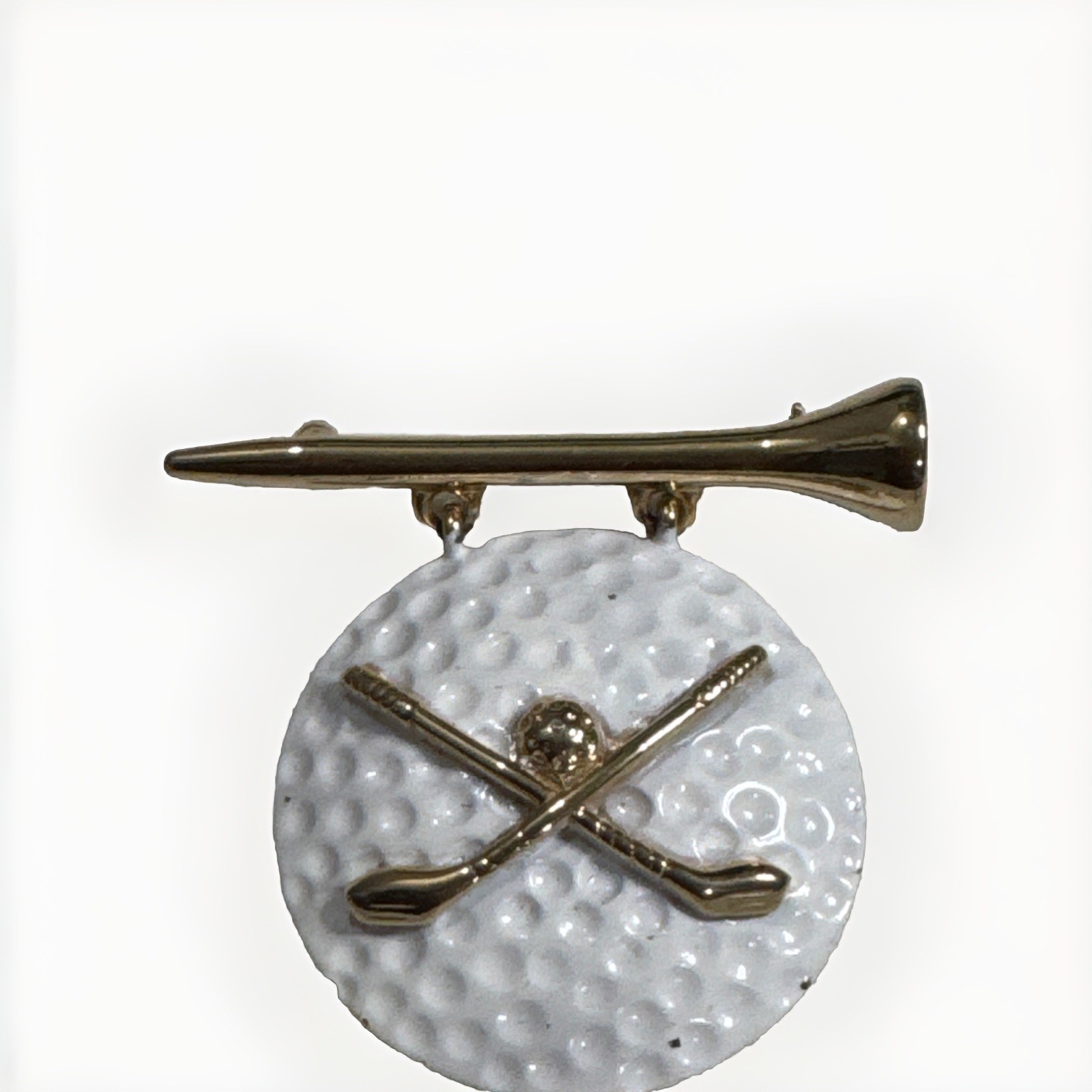 Vintage AJC Goldtone Golf Tee White Enamel Golf Ball Cross Clubs Pin Brooch Vintage AJC Goldtone Golf Tee White Enamel Golf Ball Cross Clubs Pin Brooch