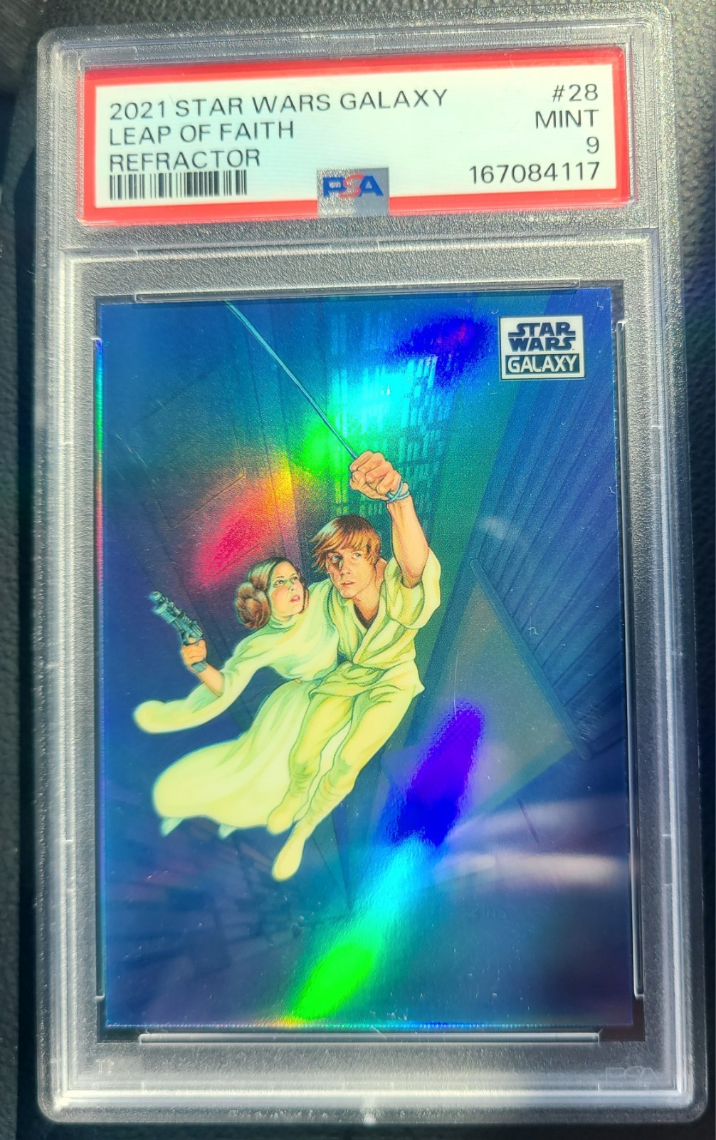 2021 Topps Star Wars Chrome Galaxy Leap Of Faith Refractor Luke Leia #28 PSA 9 2021 Topps Star Wars Chrome Galaxy Leap Of Faith Refractor Luke Leia #28 PSA 9