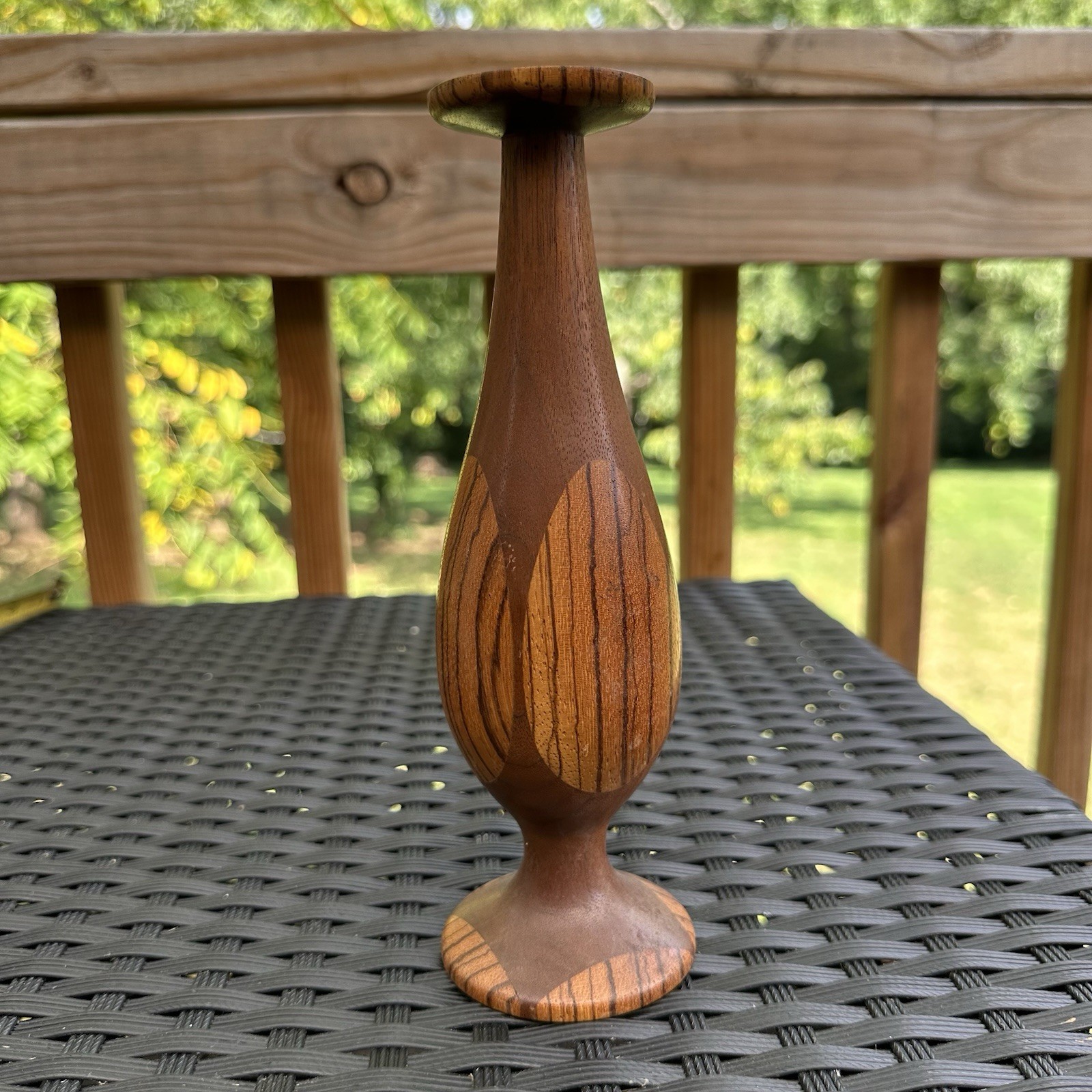Vintage Hand Turned Segmented Wood Pillar Round Candle Holder Stand Signed