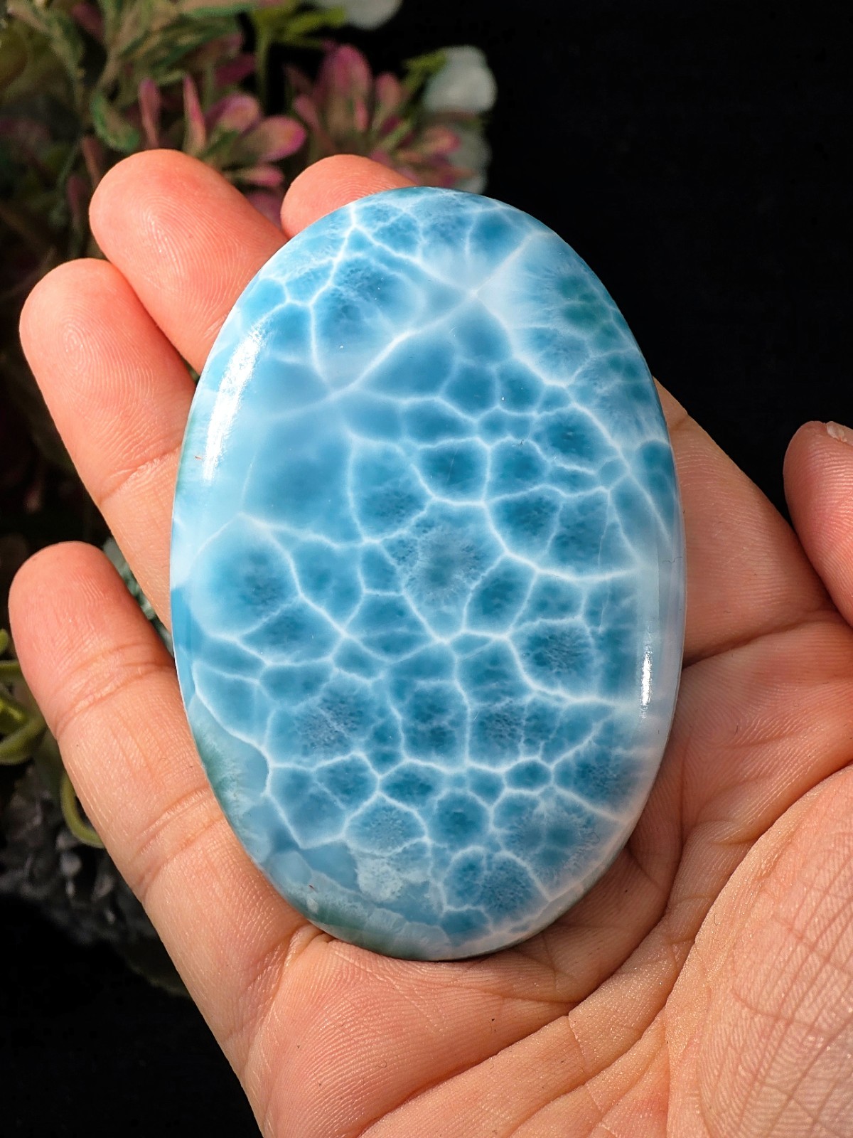 82G PREMIUM LARIMAR CABOCHON PALM STONE FROM DOMINICAN REPUBLIC AAAA CRYSTAL