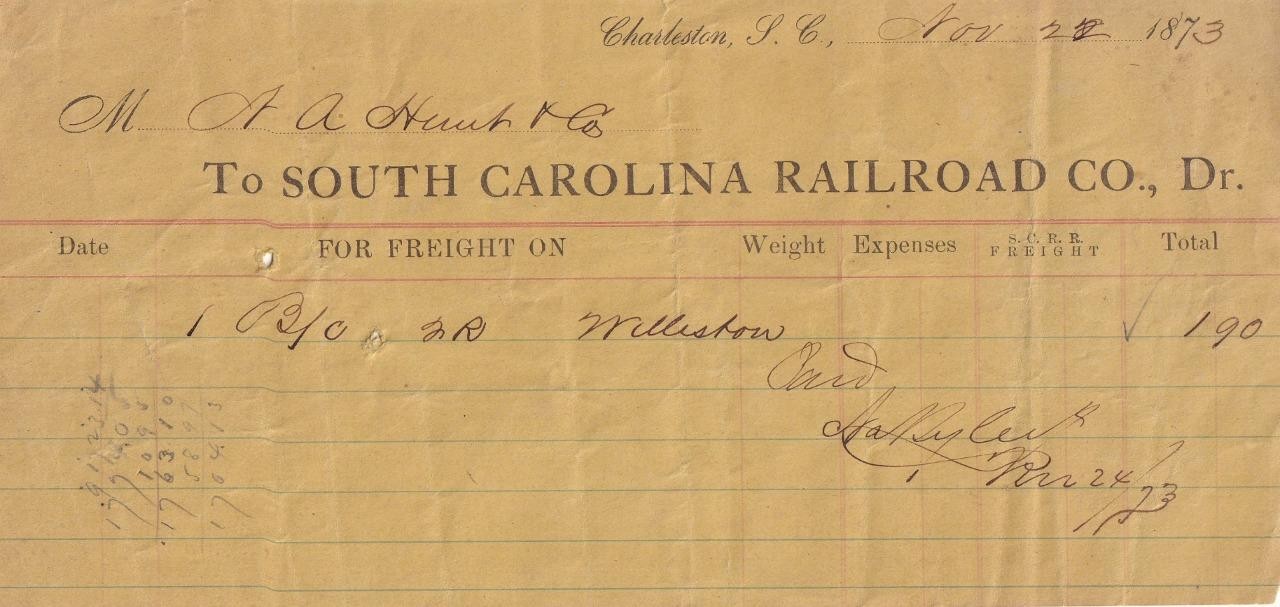 1873 South Carolina Railroad Company - freight receipt