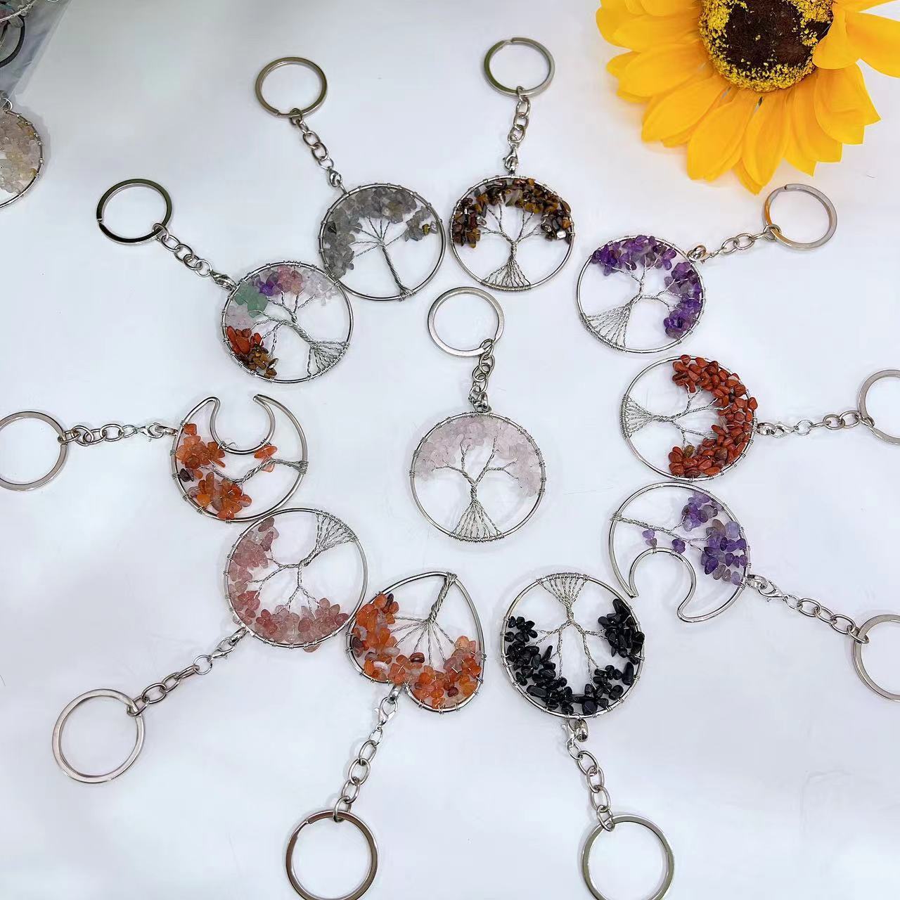 12 Pc Tree of Life Energy Crystal Key Ring Gift Sliver Pendent