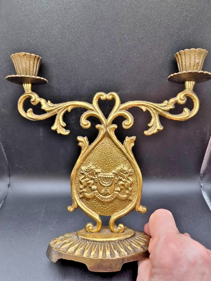 Vintage Dual-Sided Israeli Cast Brass 2-Arm Shabbat Candelabra by Chen Holon VGC Vintage Dual-Sided Israeli Cast Brass 2-Arm Shabbat Candelabra by Chen Holon VGC