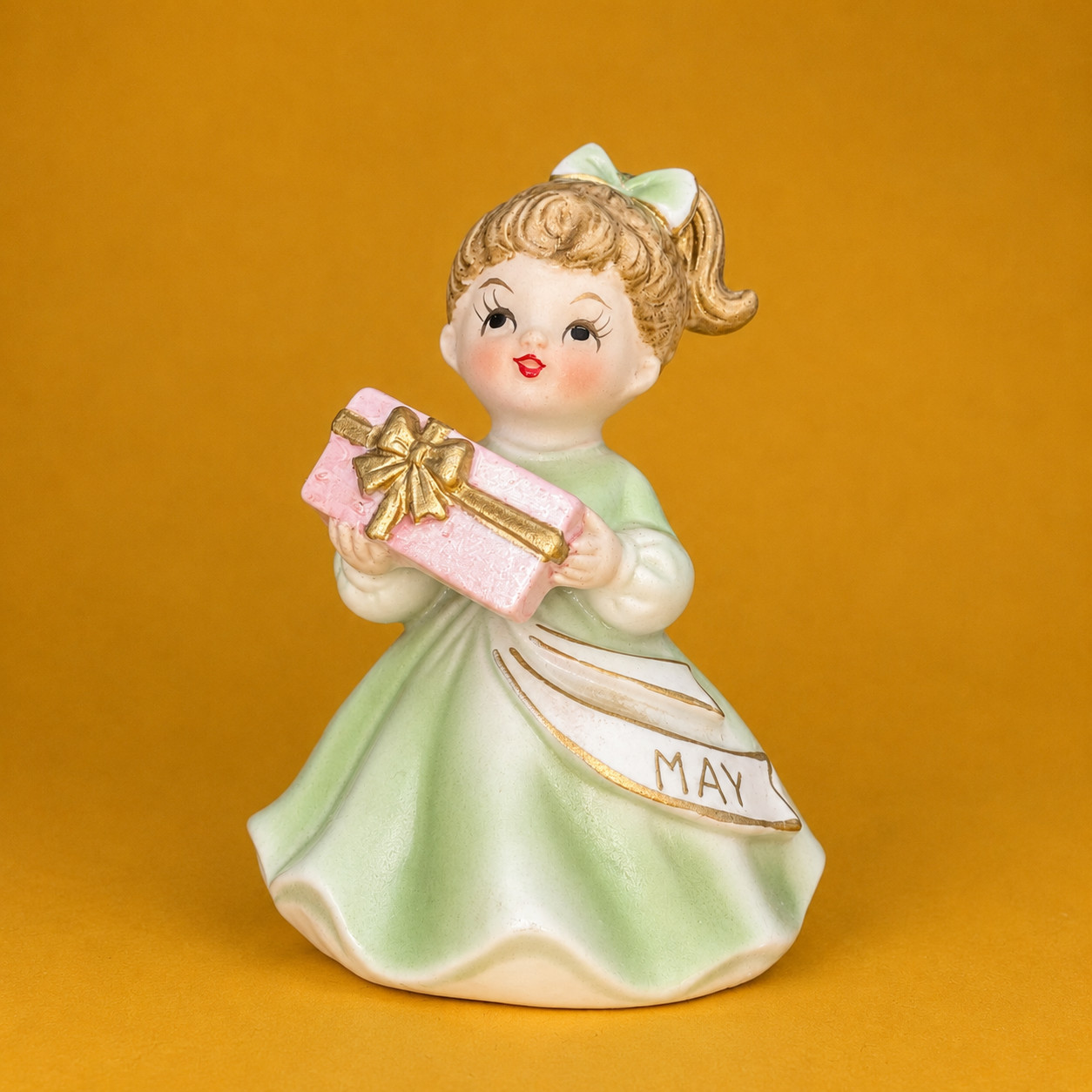 ❤️ CUTE Vintage Bisque May Birthday Girl Angel Figurine Gift Green Norcrest