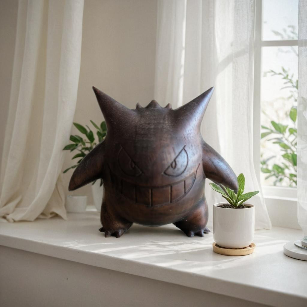 Handmade Wood Black Walnut Gengar Desk Display Piece, Shadow Pokémon Souvenir