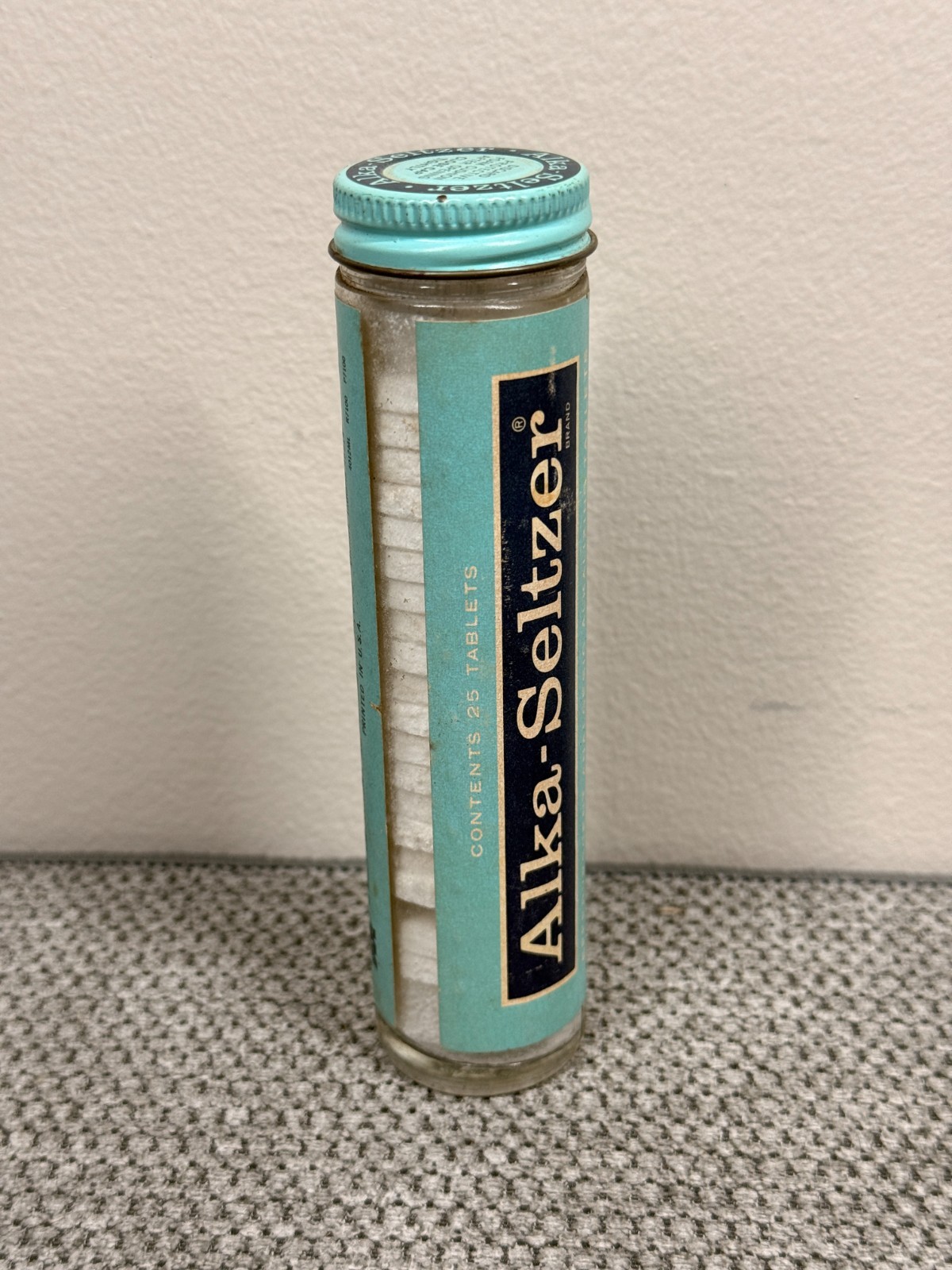 Vintage Alka-Seltzer Glass Bottle 5.5” with Blue Metal Cap, 1950s Apothecary