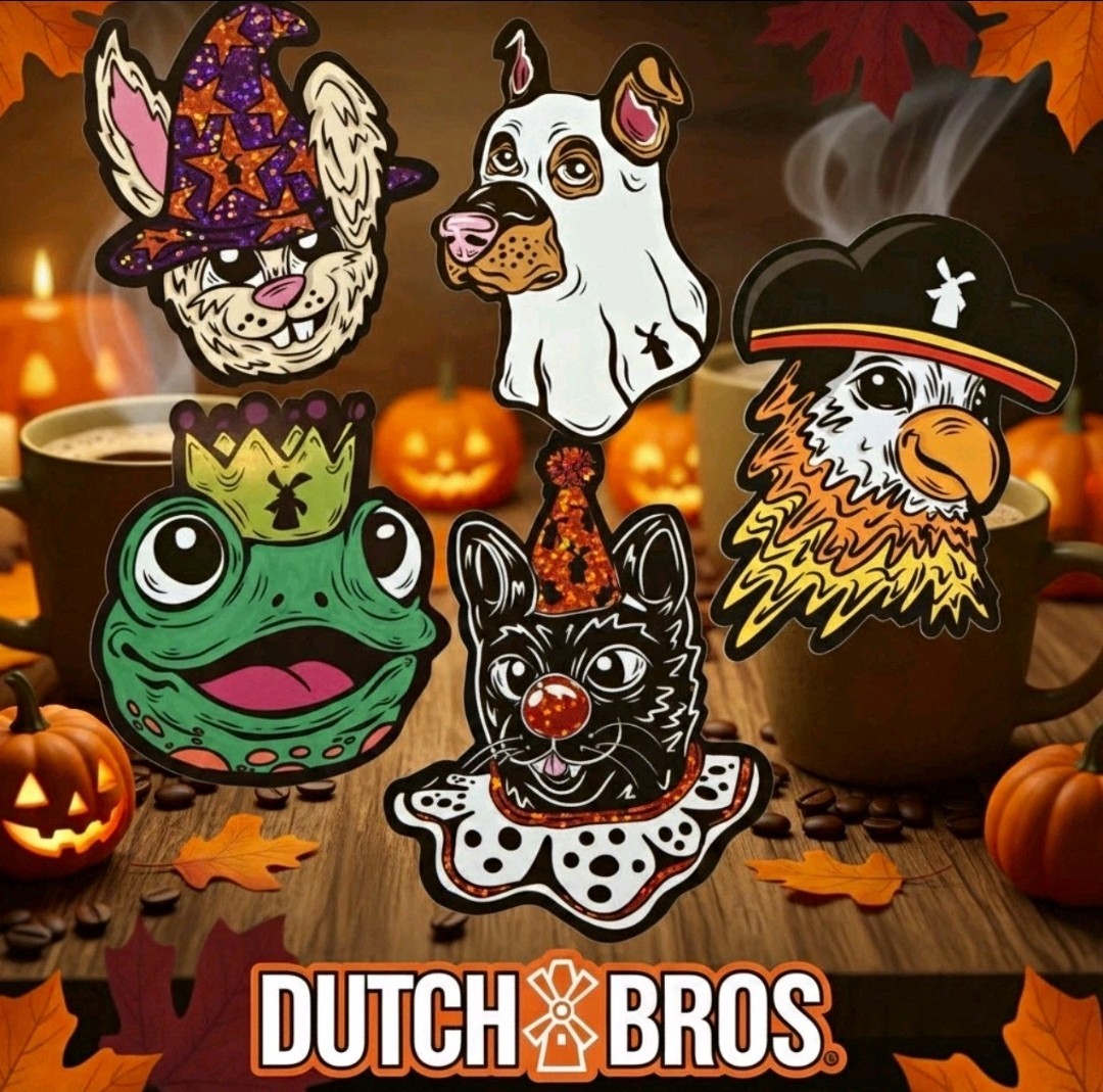 Pre-Sale Dutch Bros Halloween Edition Complete 5 Sticker Set October 27th, 2026 Pre-Sale Dutch Bros Halloween Edition Complete 5 Sticker Set October 27th, 2026