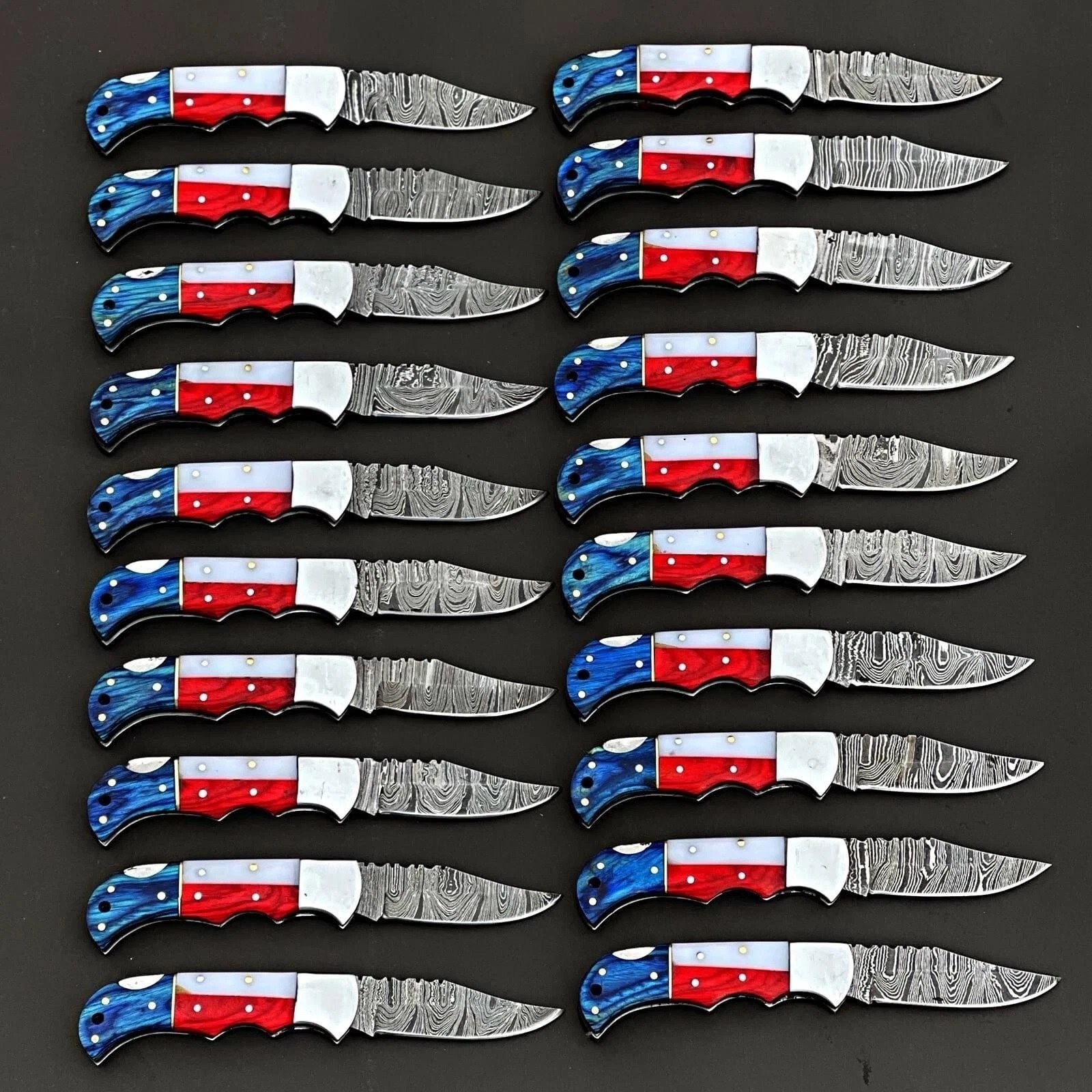 LOT of 50pcs, Damascus Steel American Flag Handle Folding Knives With Sheaths