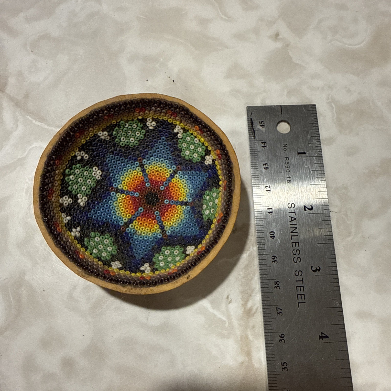 Small Huichol Wixárika Beaded Gourd Bowl Jícara Mexican Folk Seed Bead Mosaic